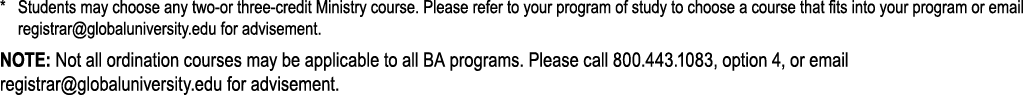 * Students may choose any two or three credit Ministry course. Please refer to your program of study to choose a cour...