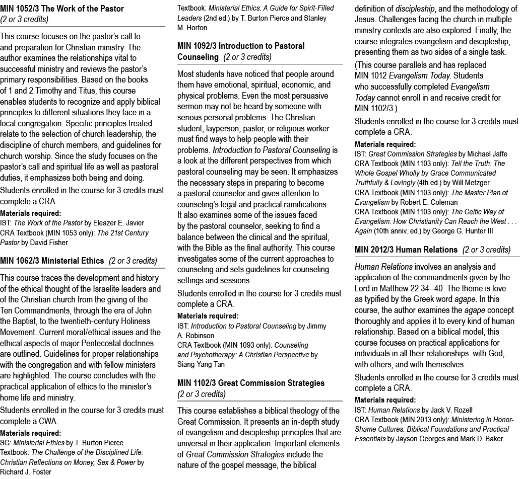 MIN 1052/3 The Work of the Pastor (2 or 3 credits) This course focuses on the pastor’s call to and preparation for Ch...
