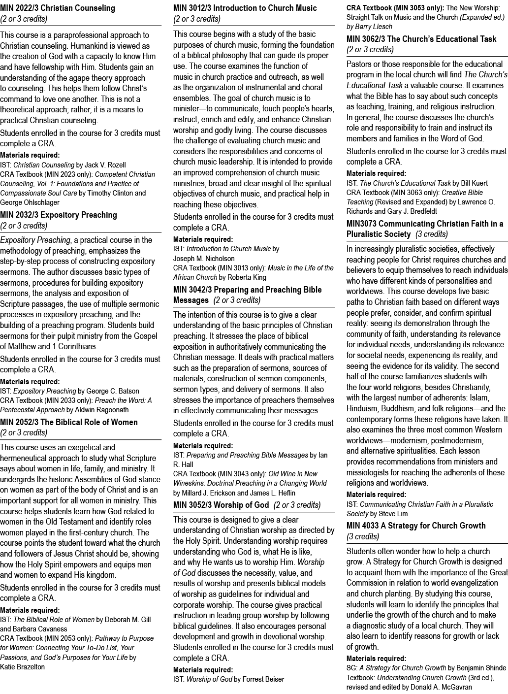 MIN 2022/3 Christian Counseling (2 or 3 credits) This course is a paraprofessional approach to Christian counseling. ...