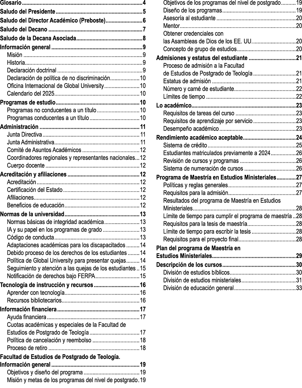 Glosario 4 Saludo del Presidente 5 Saludo del Director Acad mico (Preboste) 6 Saludo del Decano 7 Saludo de la Decana...