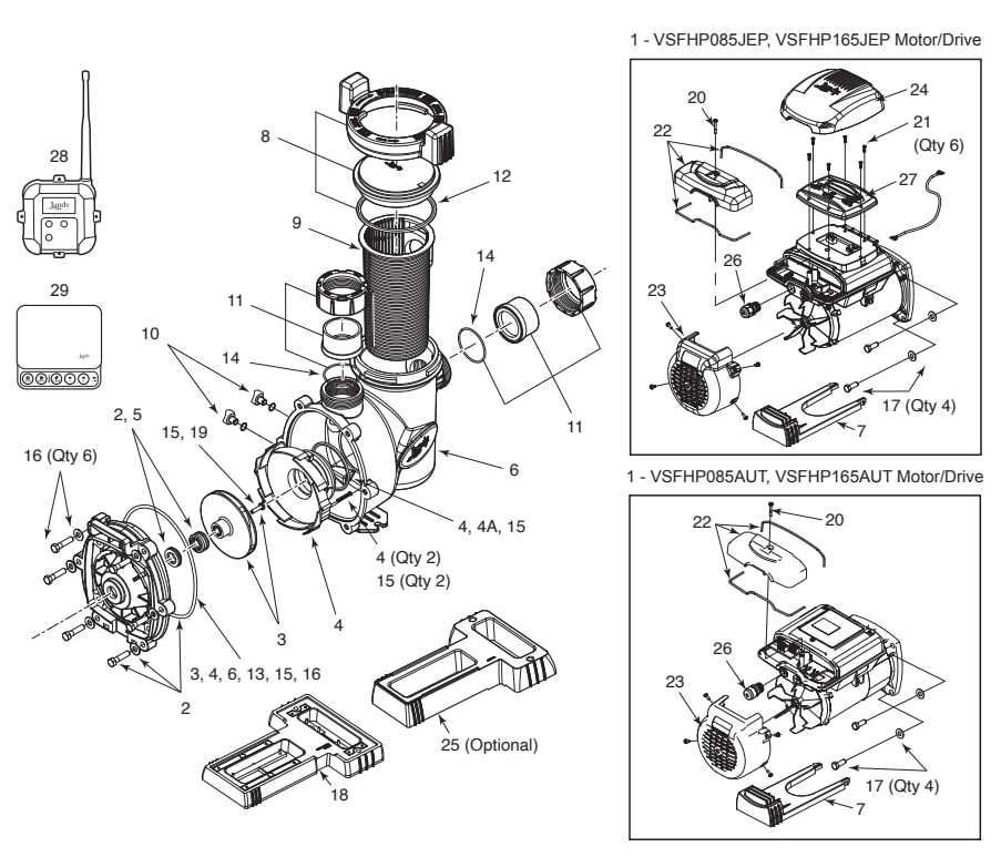 VS FloPro 0.85, 1.65 HP Variable-Speed Pumps, 115V and 230V (Mfg. 2013-2024, Discontinued) - Jandy Parts Diagram