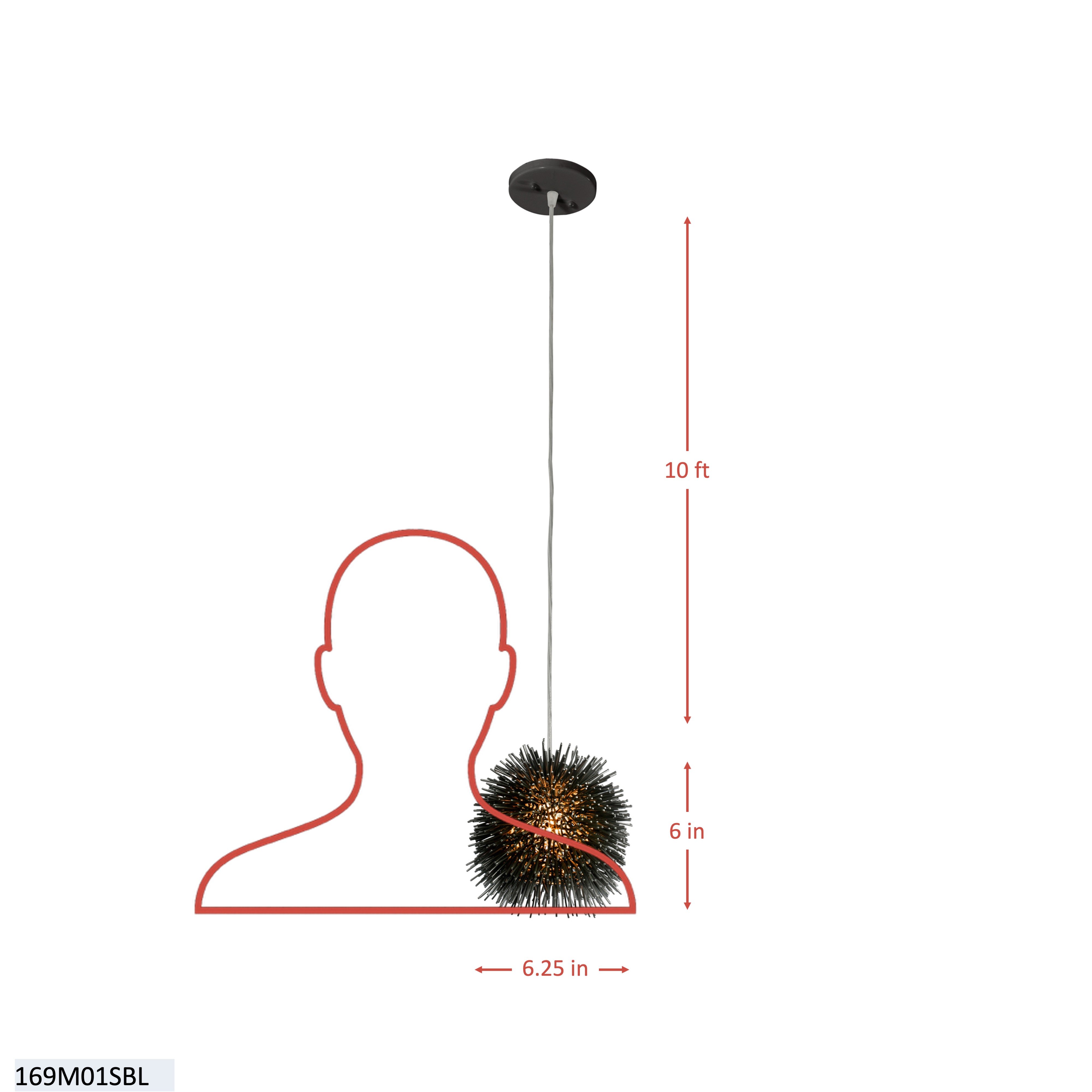 Urchin 1 Light Uber Mini Pendant - Black dimensions