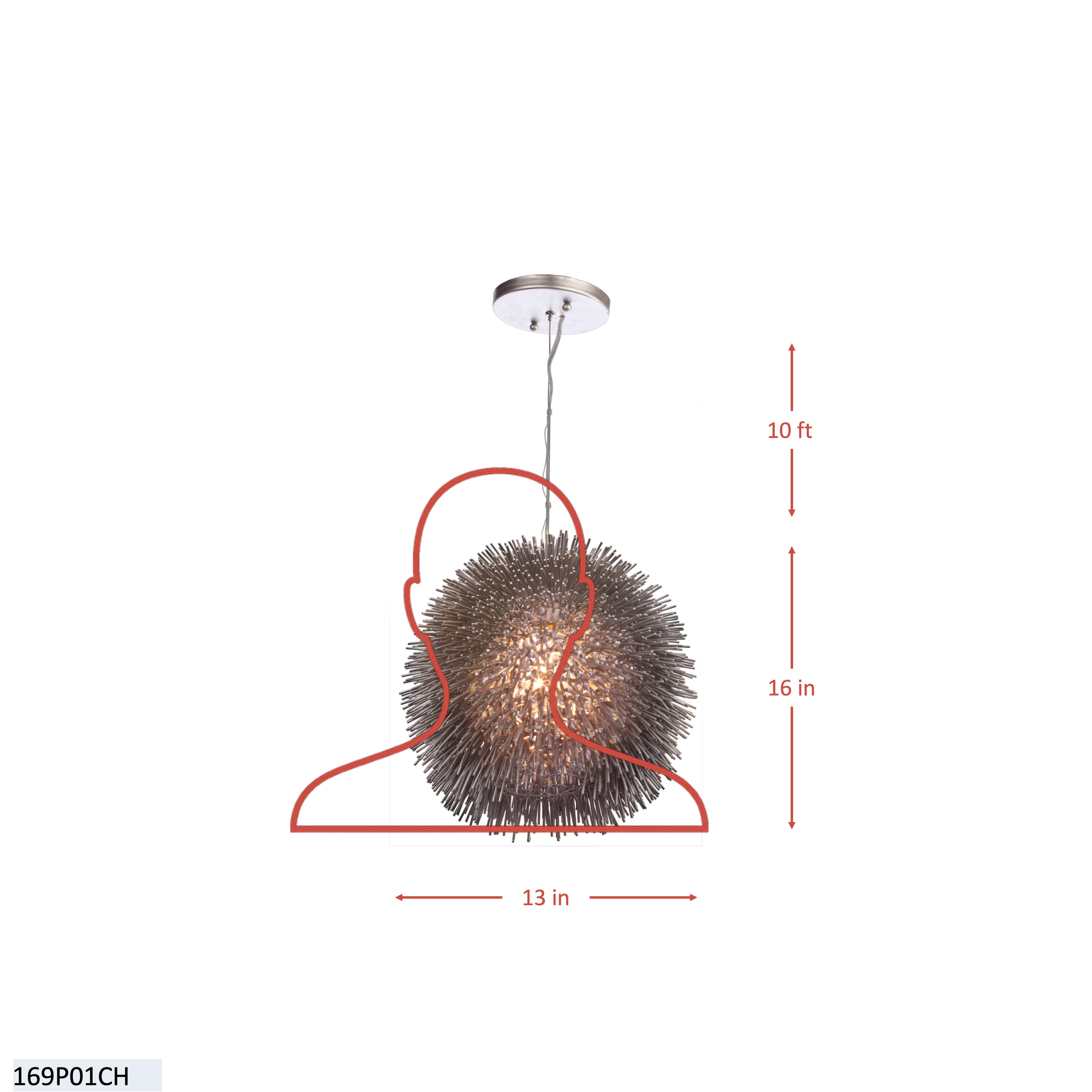 Urchin 1 Light Pendant - Painted Chrome dimensions