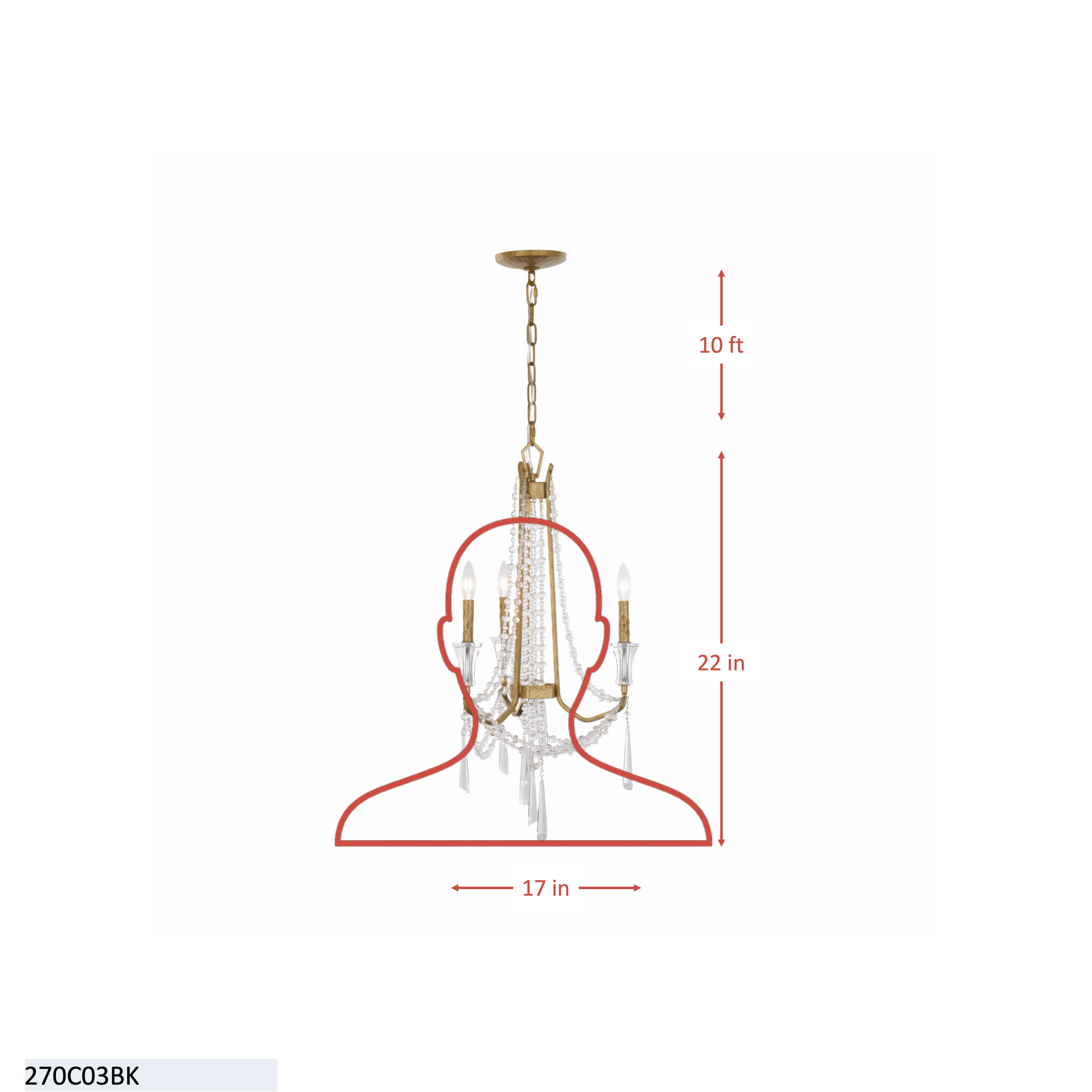Barcelona 3 Light Crystal Chandelier - Brass Kisser dimensions