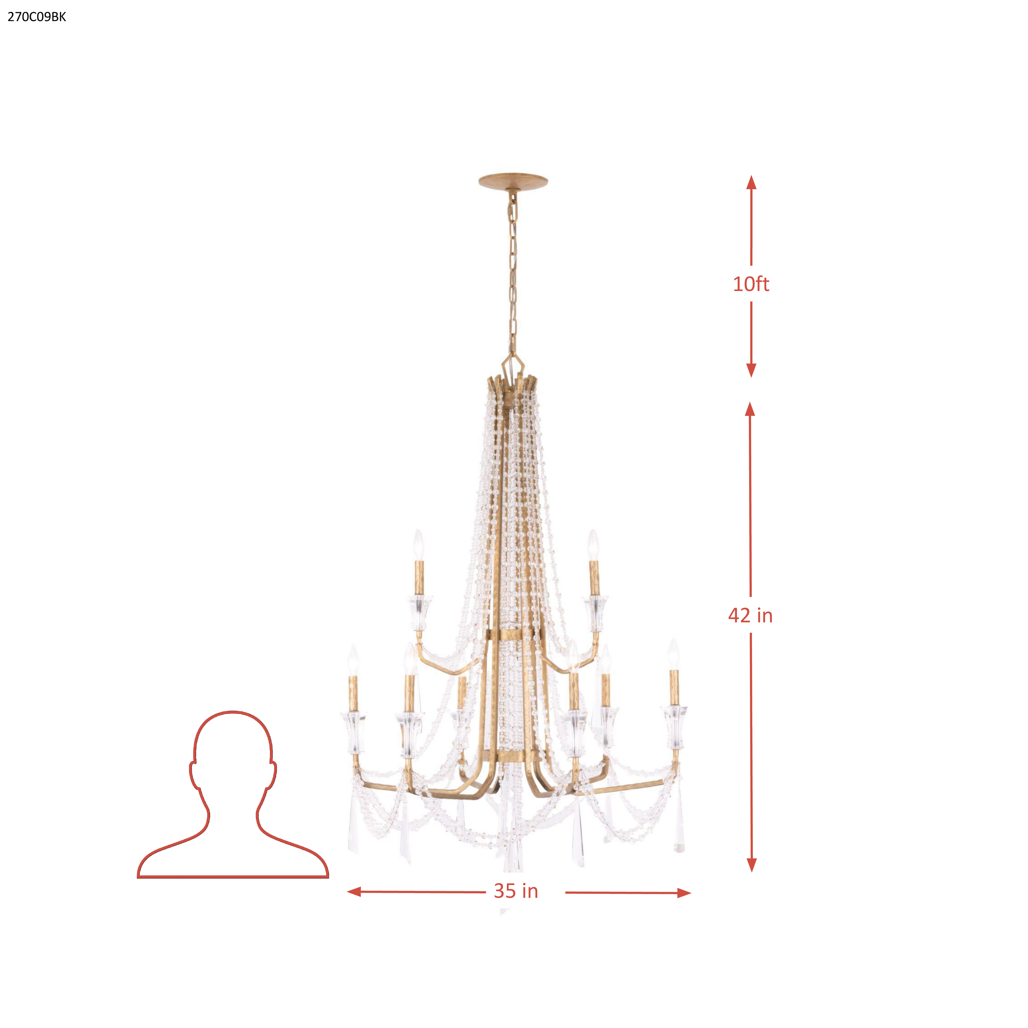 Barcelona 9 Light 2-Tier Crystal Chandelier - Brass Kisser dimensions