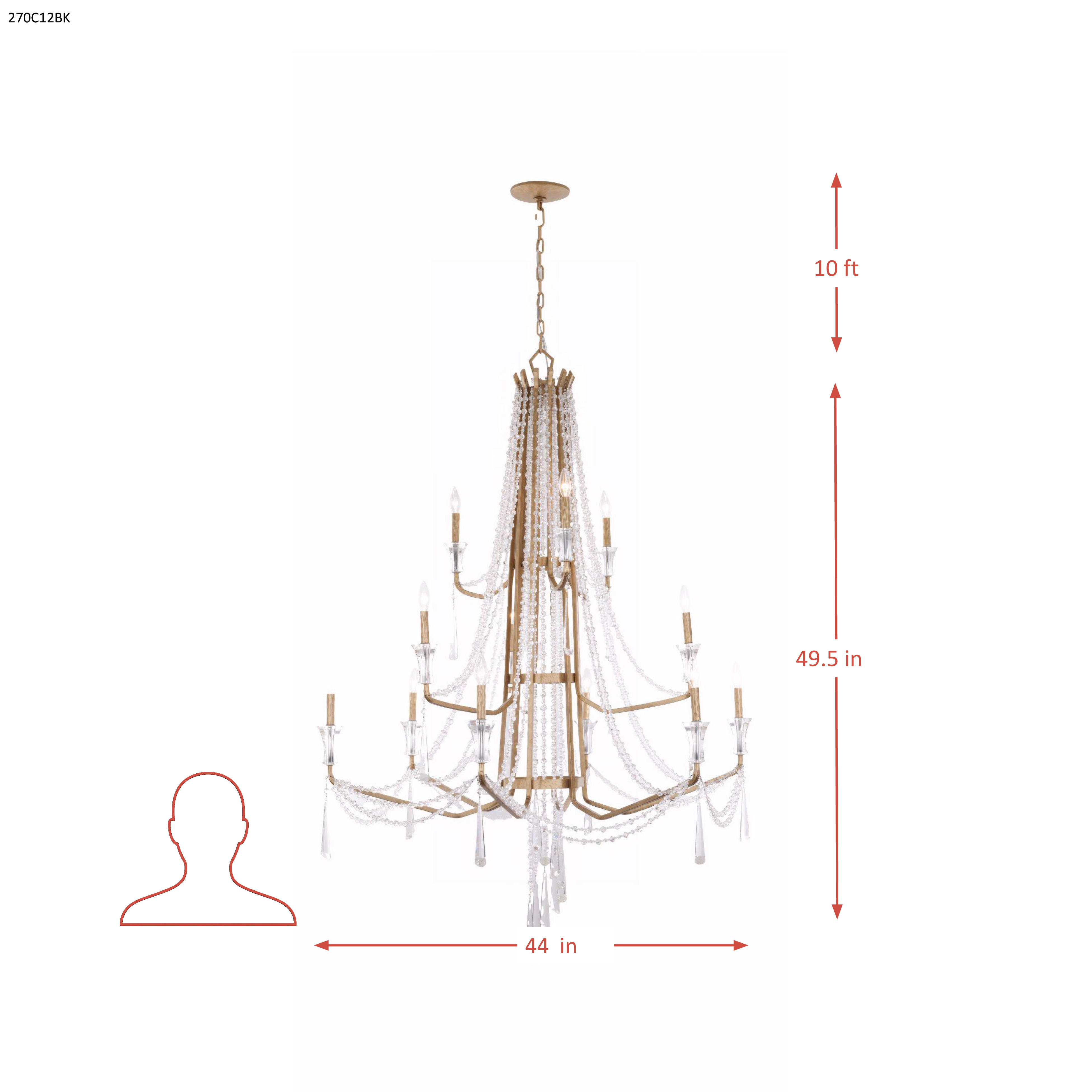 Barcelona 12 Light 3-Tier Crystal Chandelier - Brass Kisser dimensions