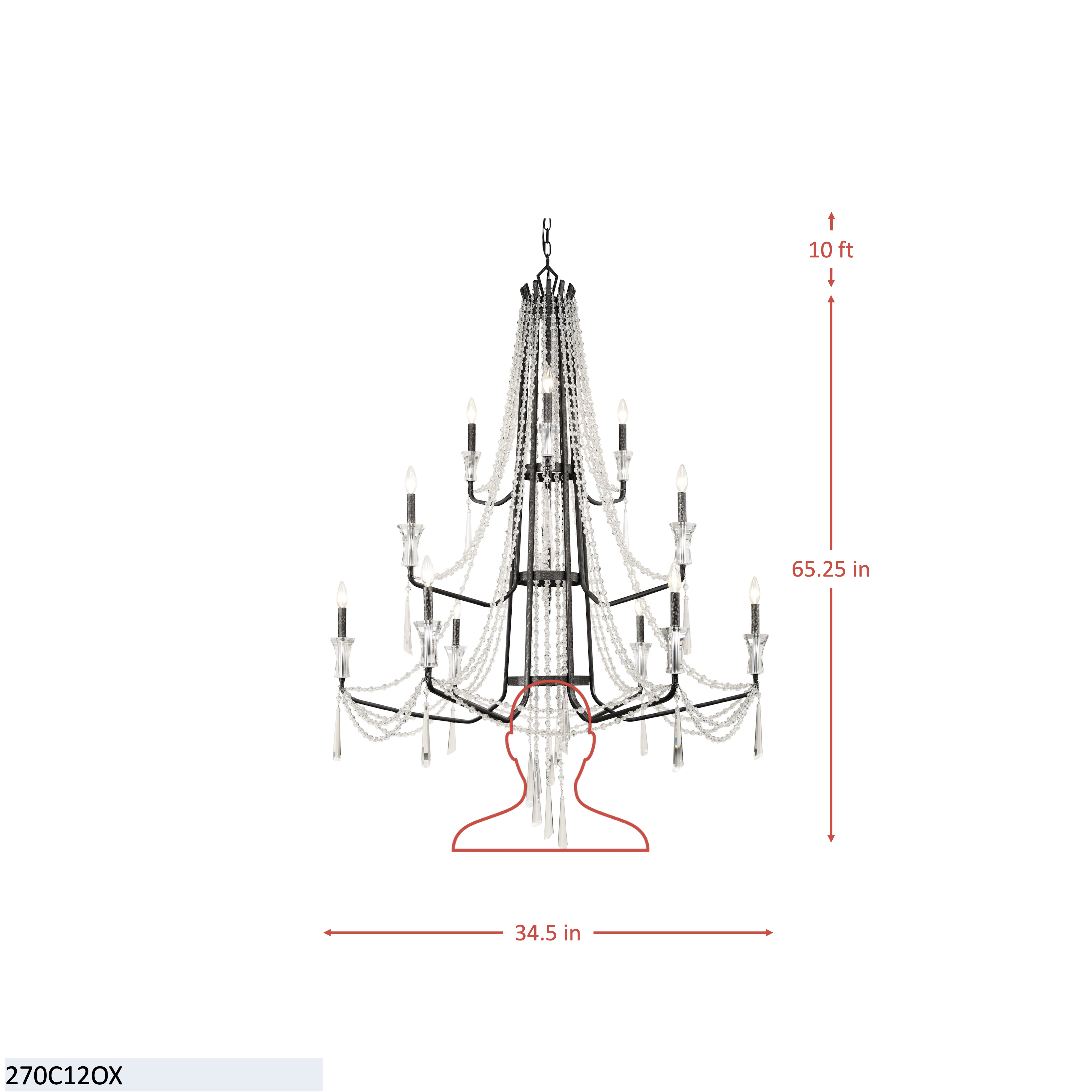 Barcelona 12 Light 3-Tier Crystal Chandelier - Onyx dimensions