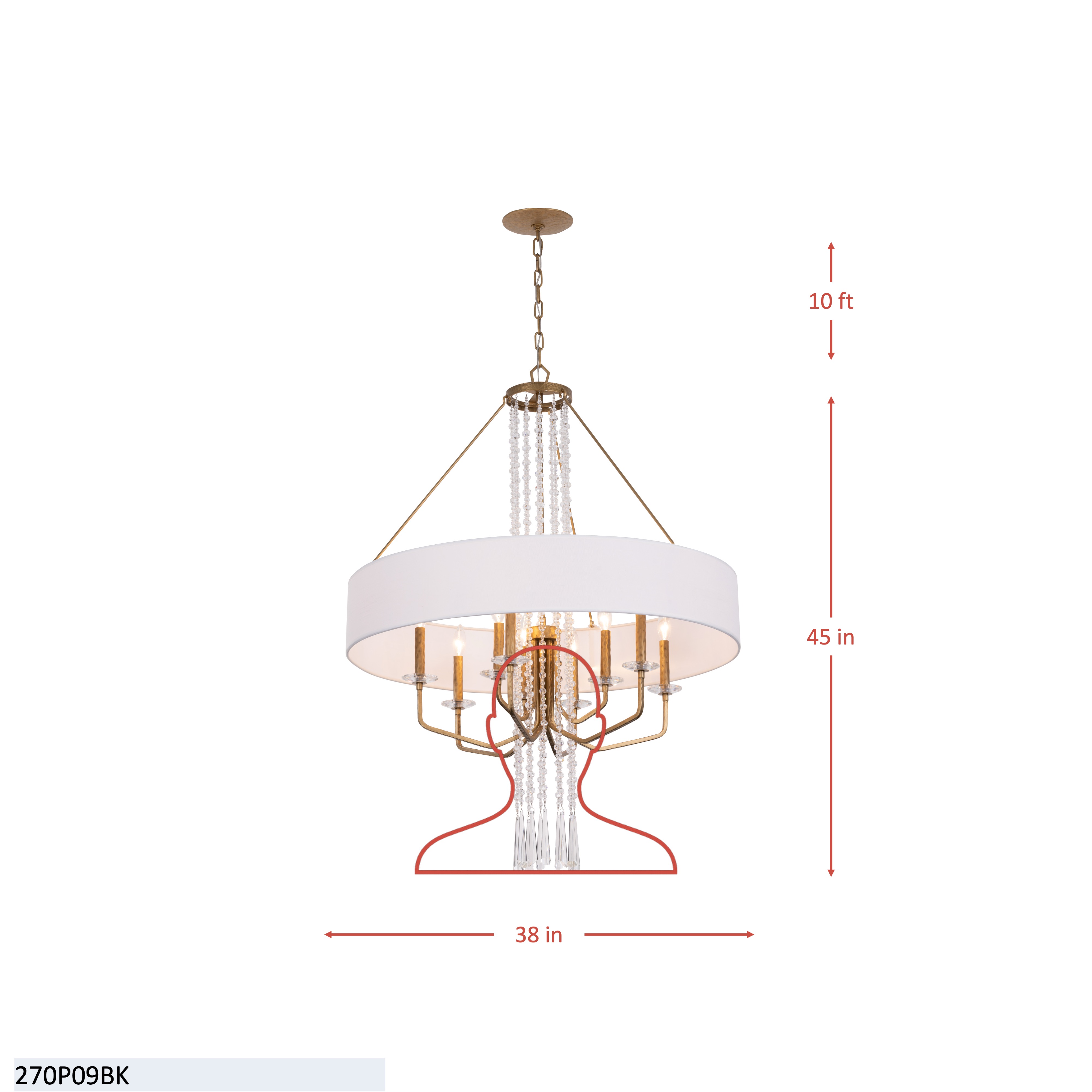 Barcelona 9 Light Pendant w/Shade - Brass Kisser dimensions