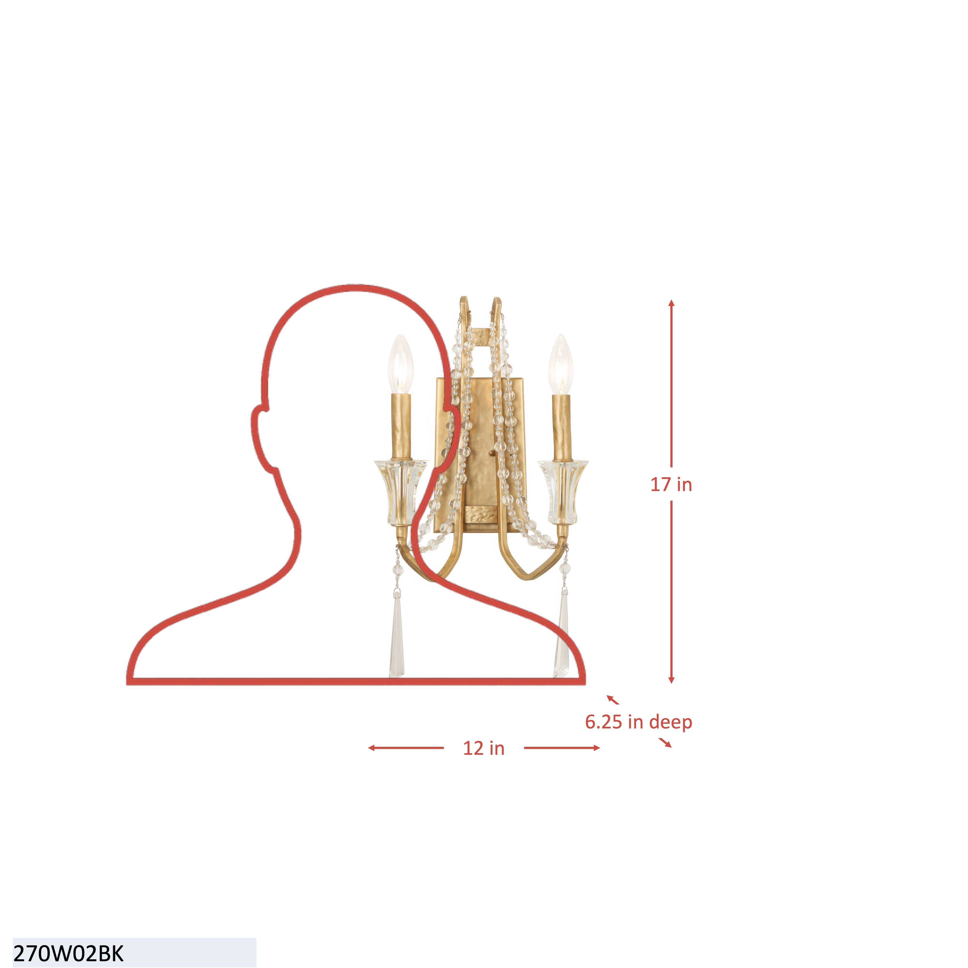 Barcelona 2 Light Wall Sconce - Brass Kisser dimensions