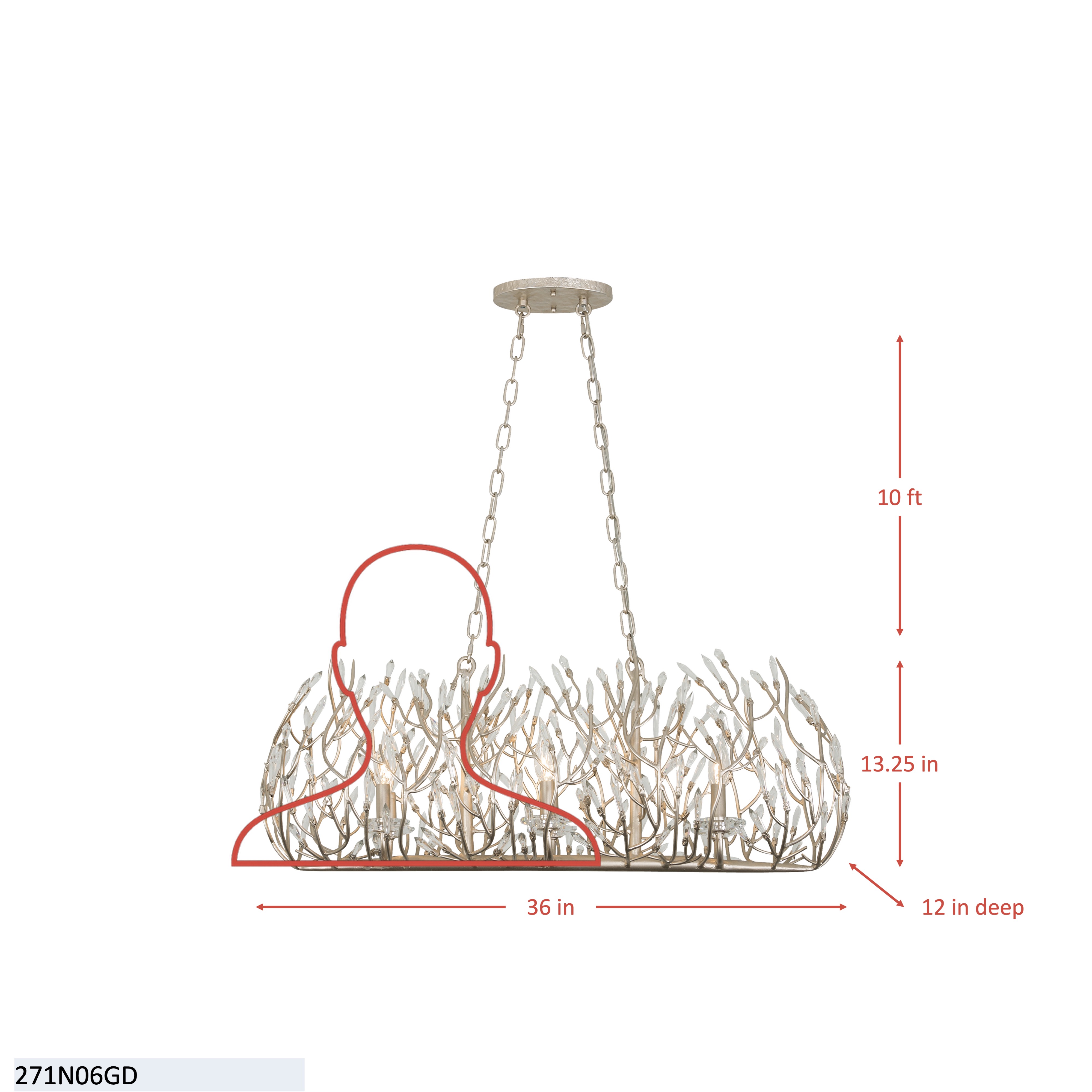 Bask 6 Light Crystal Linear Pendant - Matte Black/French Gold dimensions