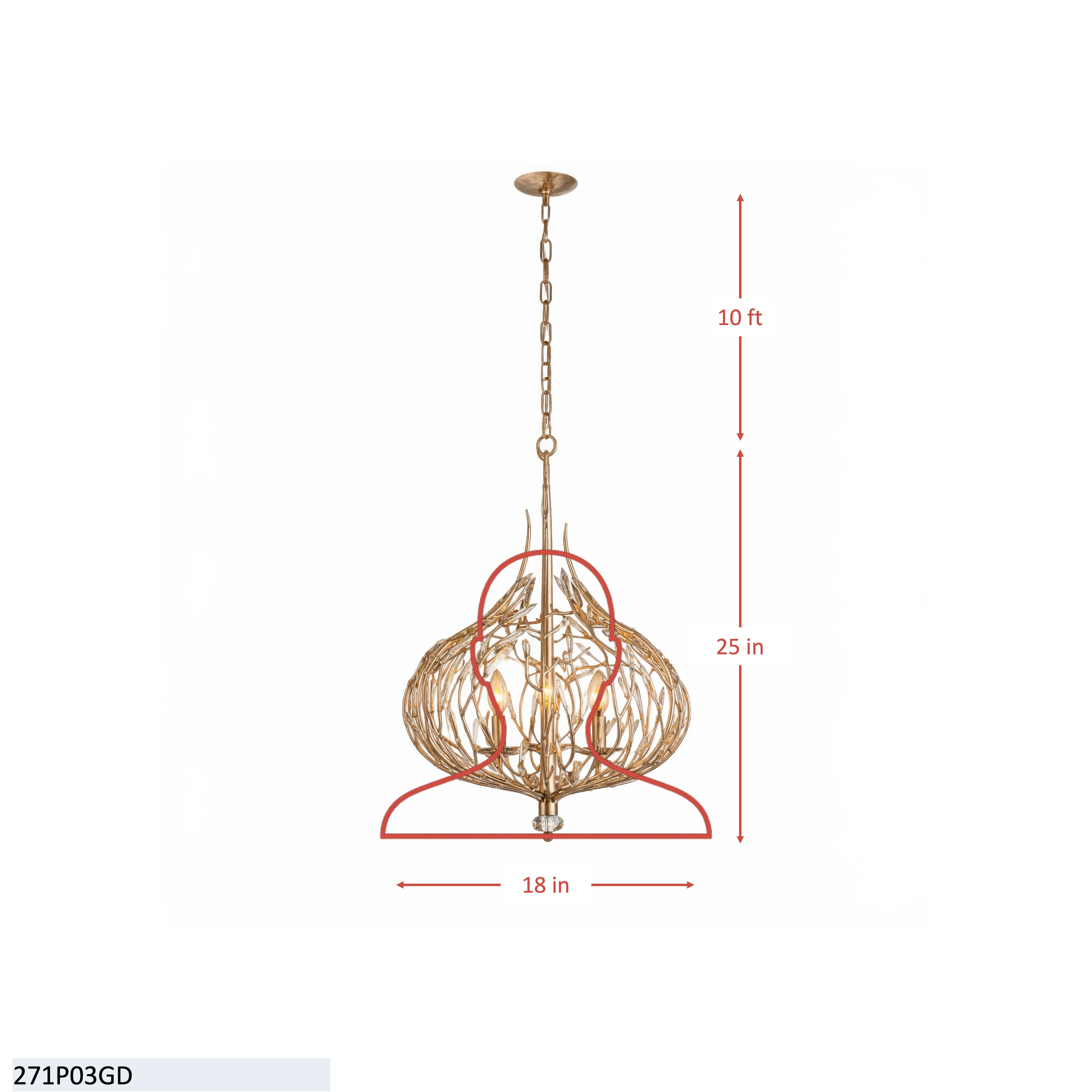 Bask 3 Light Crystal Pendant - Matte Black/French Gold dimensions