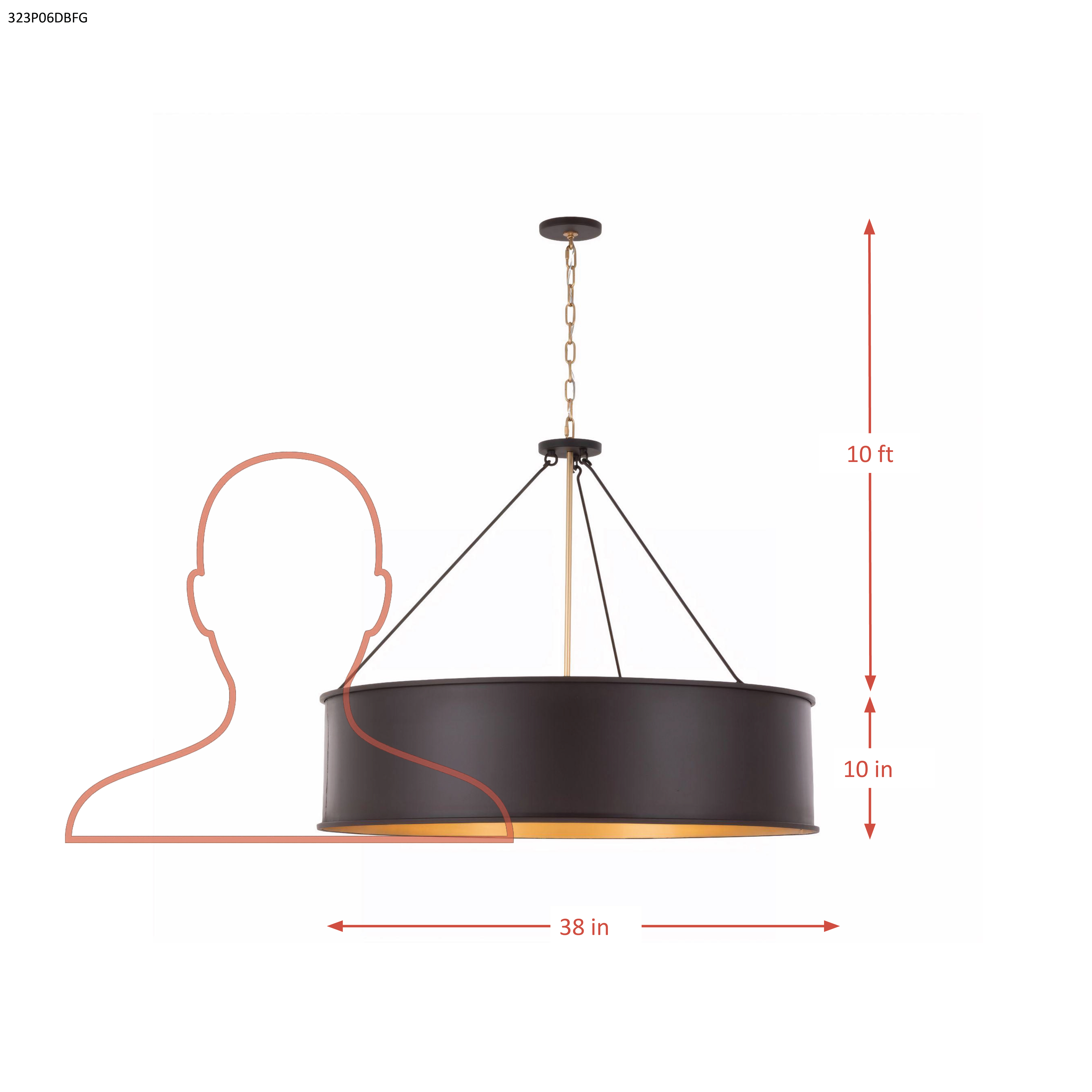 Cannery 6 Light Pendant - Dark Bronze & French Gold dimensions