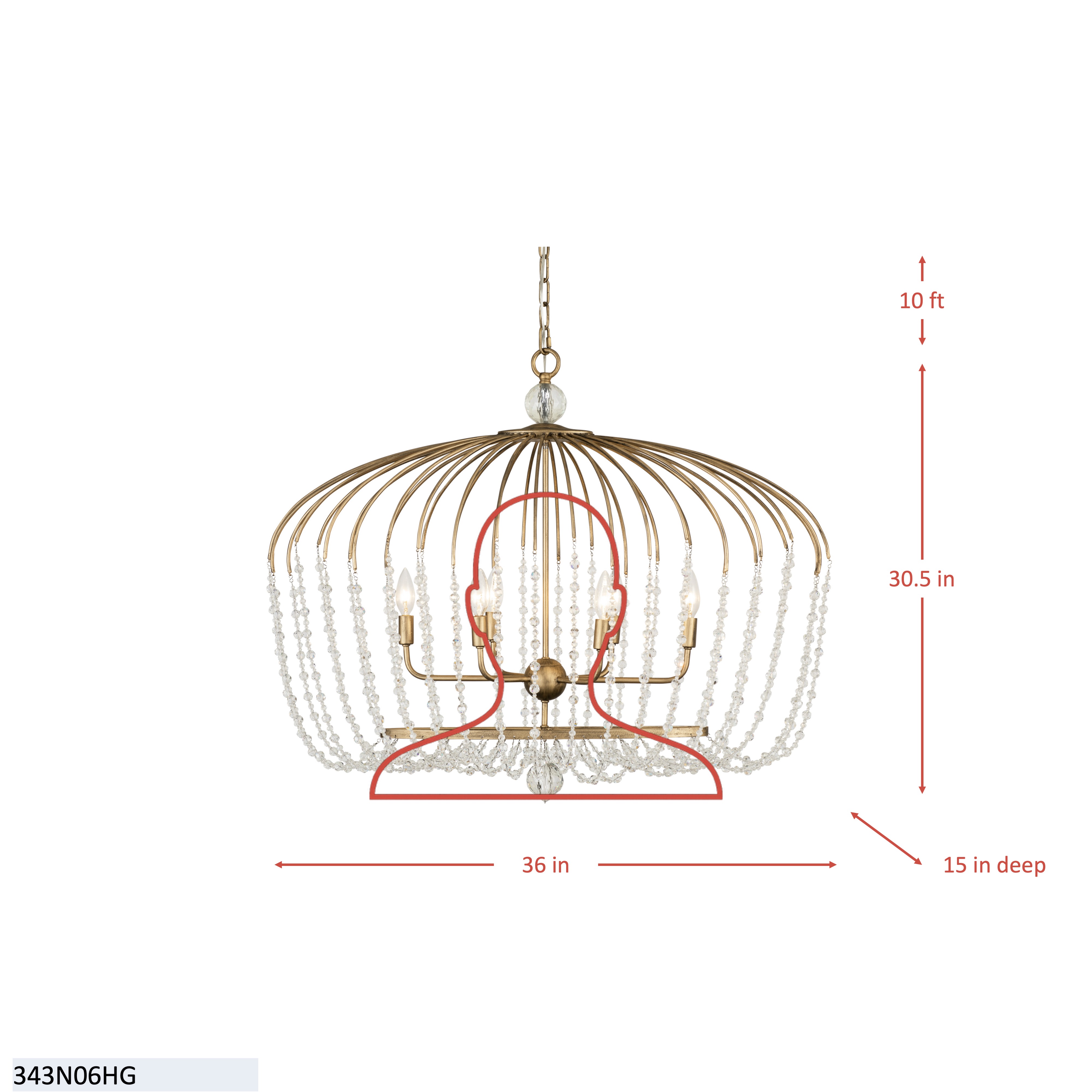 Voliere 6 Light Crystal Oval Pendant - Havana Gold dimensions