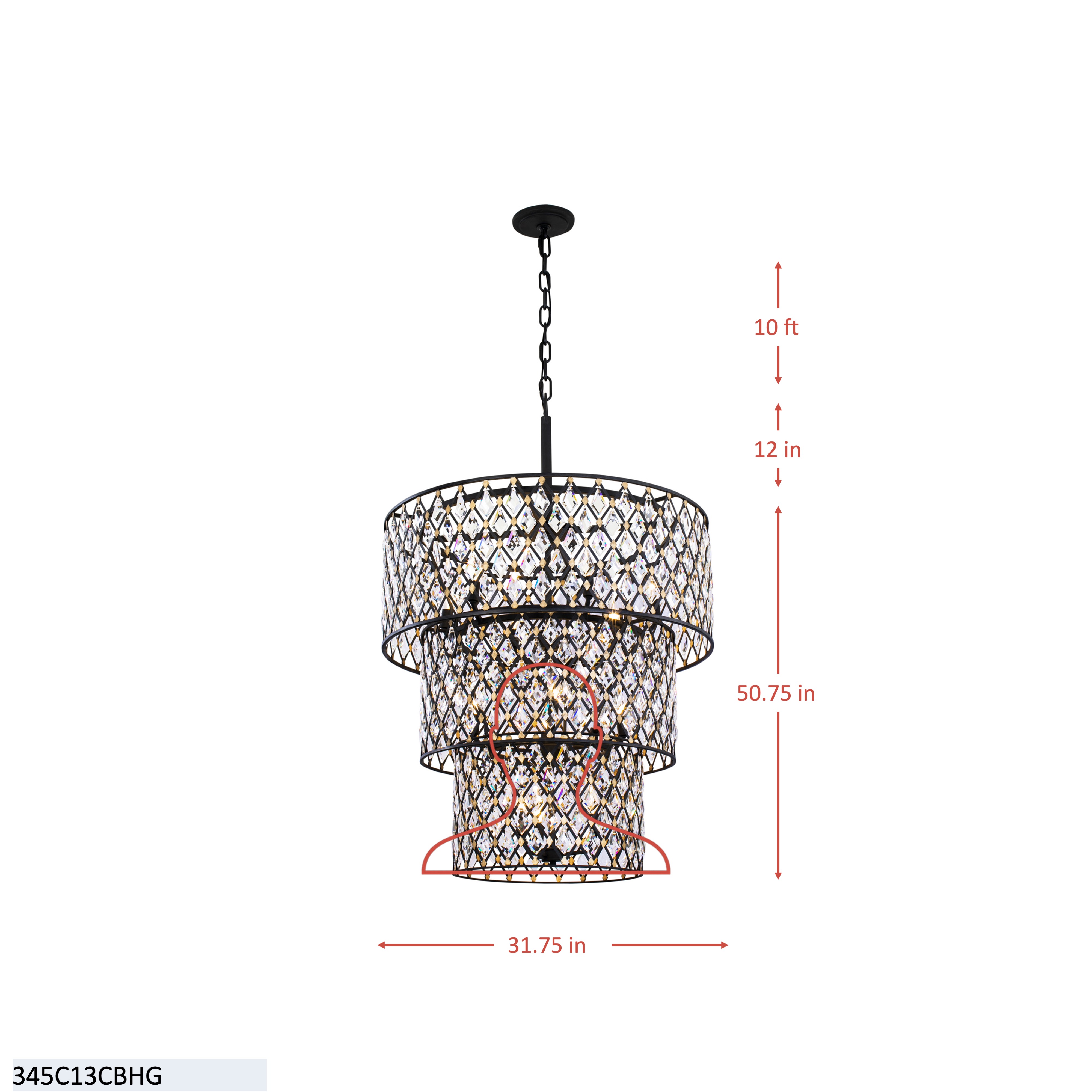 Windsor 13 Light 3-Tier Crystal Chandelier - Carbon/Havana Gold dimensions