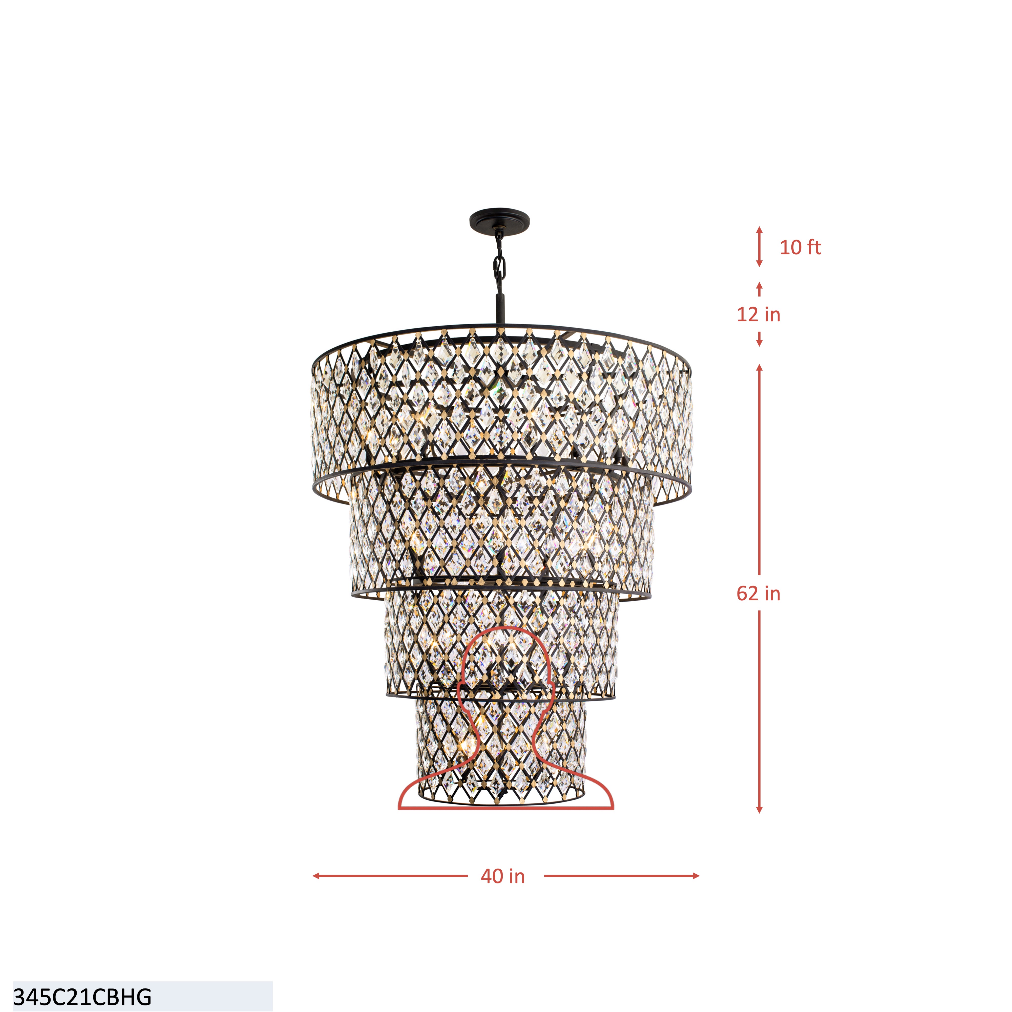 Windsor 21 Light 4-Tier Crystal Chandelier - Carbon/Havana Gold dimensions