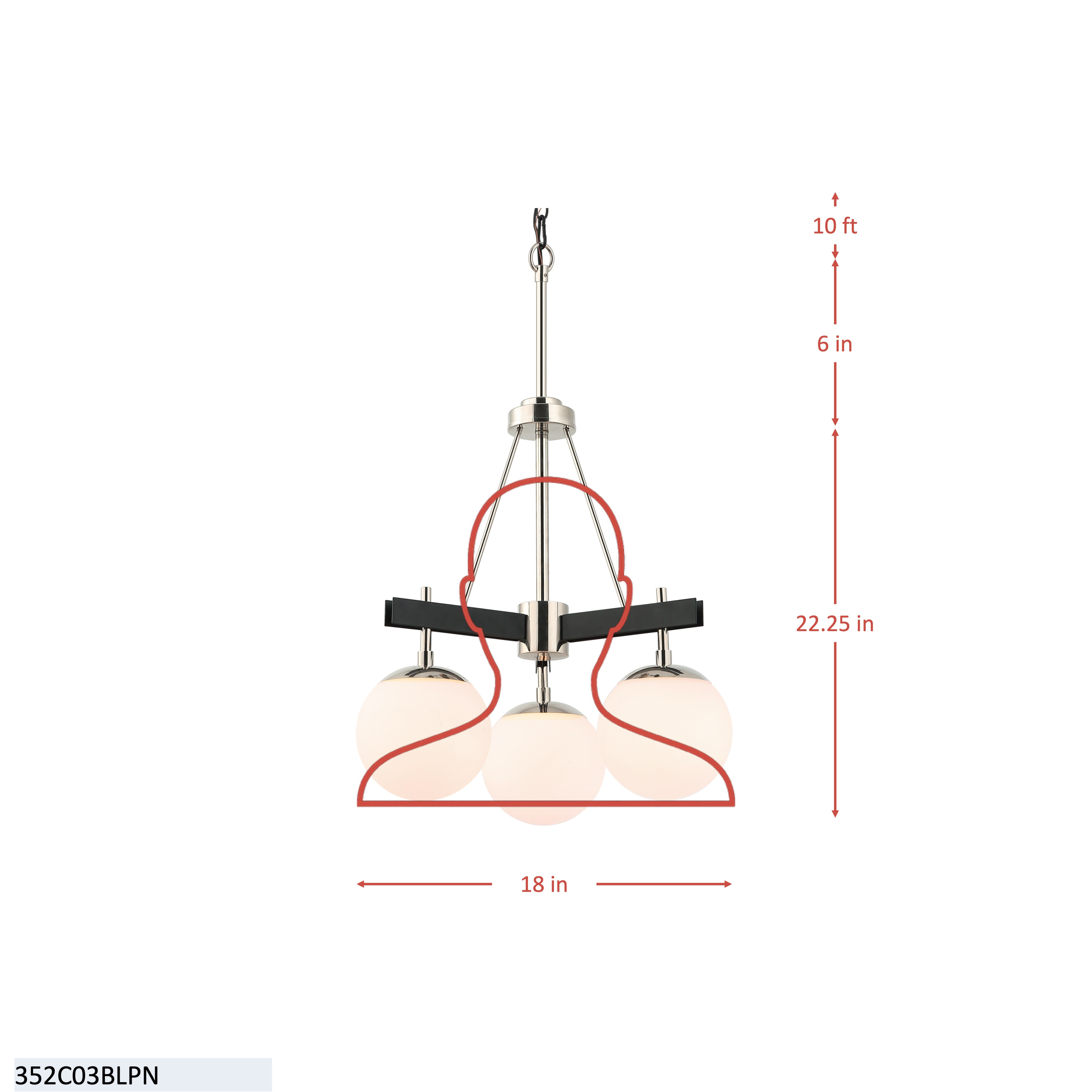 Allie 3 Light Chandelier - Black/Satin Brass dimensions