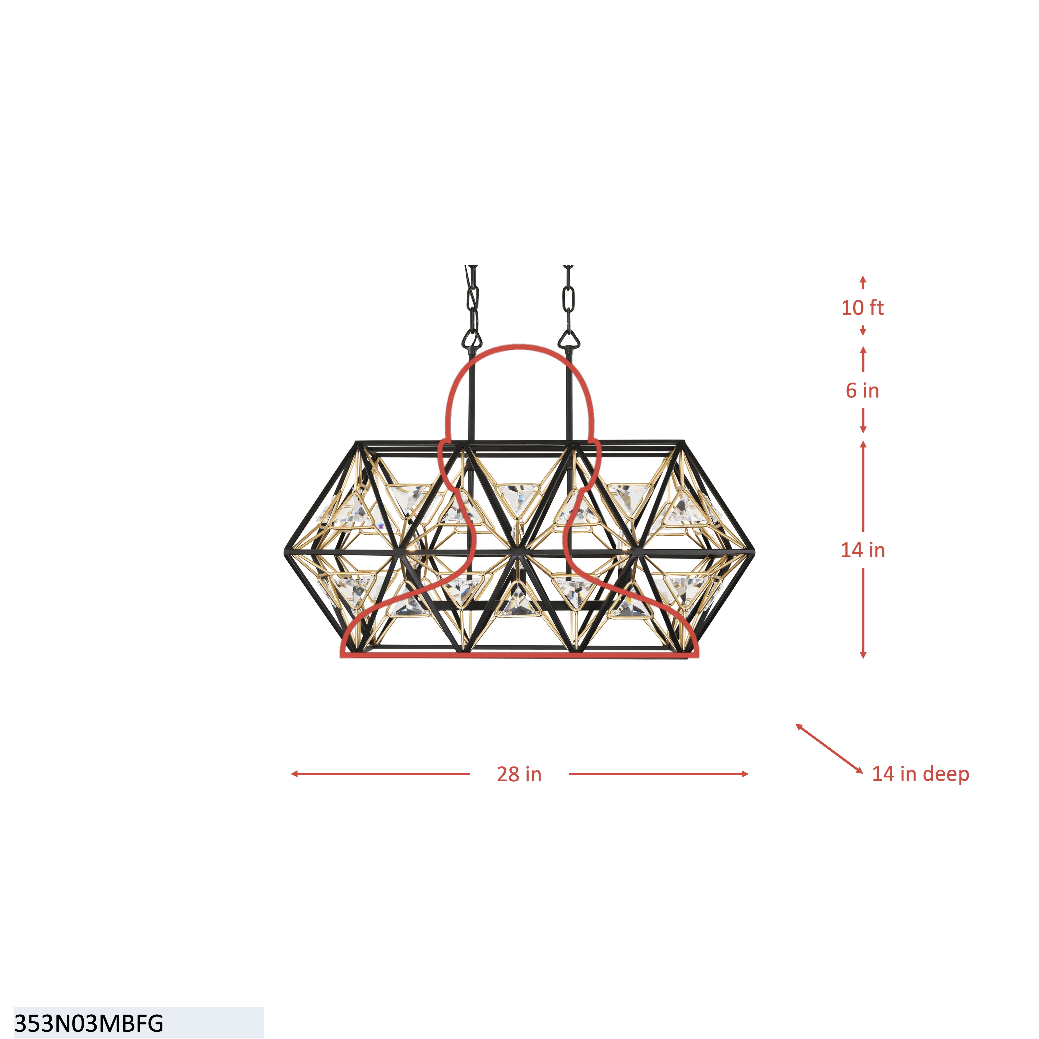 Marcia 3 Light Linear Pendant - Matte Black/French Gold dimensions