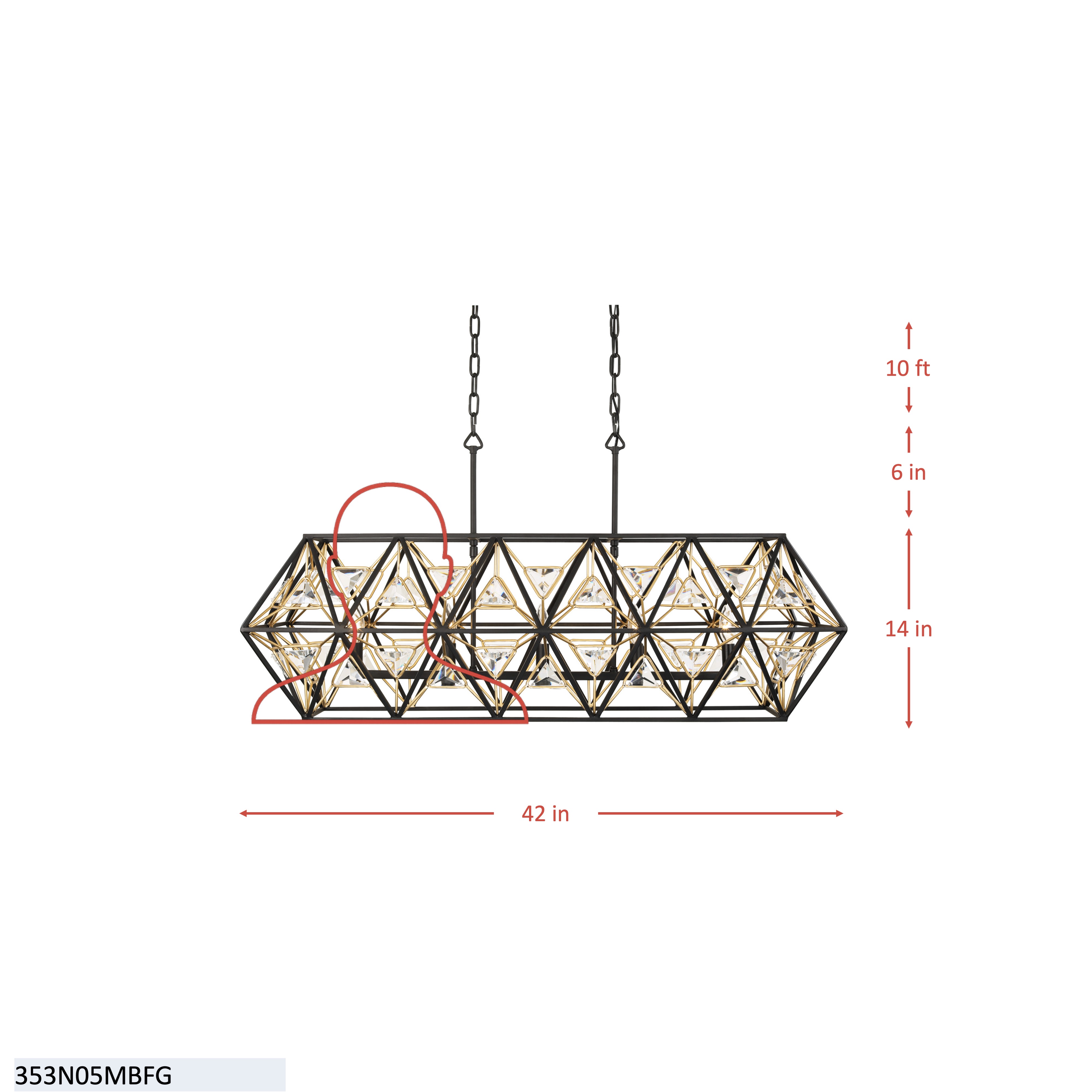 Marcia 5 Light Linear Pendant - Matte Black/French Gold dimensions