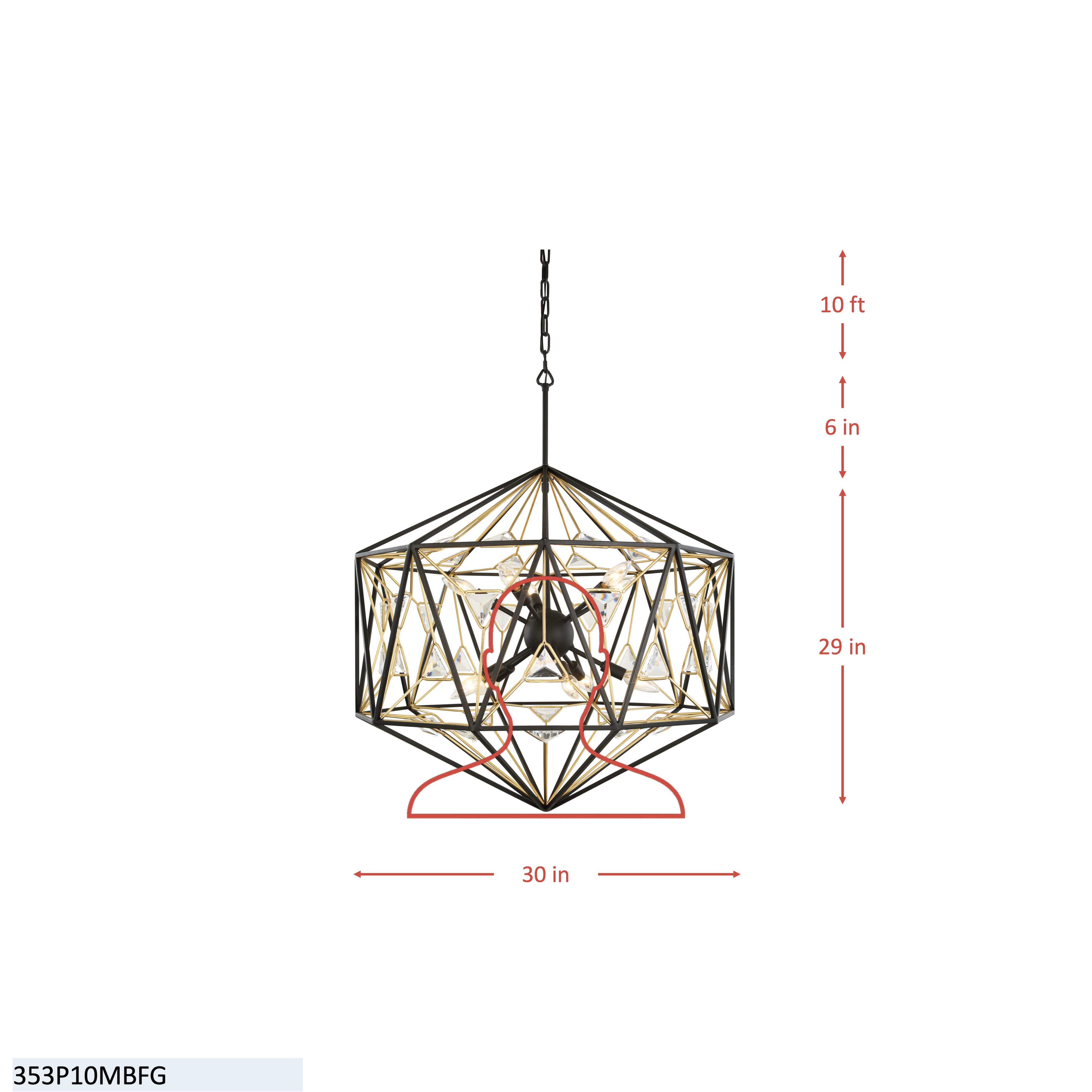 Marcia 10 Light Pendant - Matte Black/French Gold dimensions