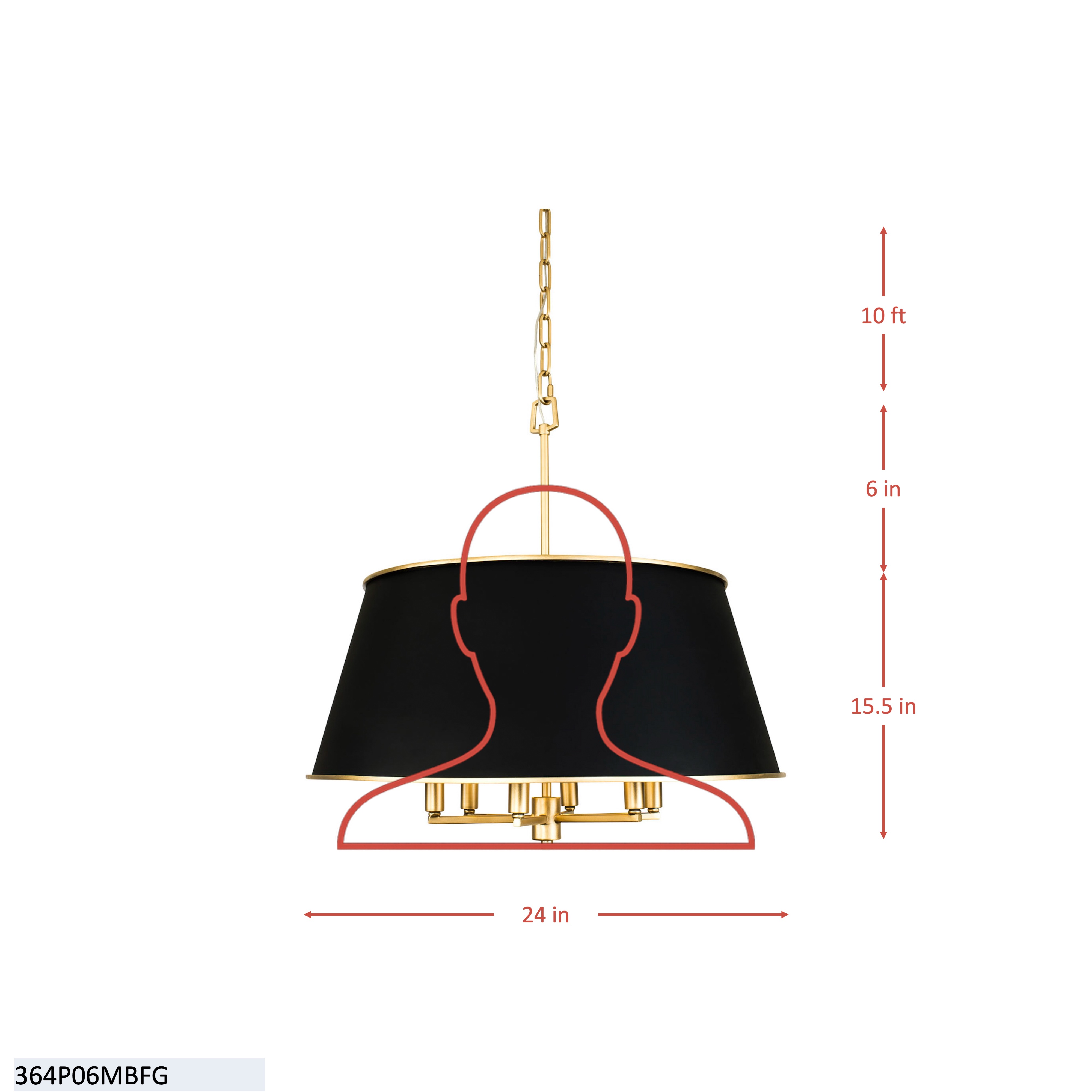Coco 6 Light Pendant - Matte Black/French Gold dimensions
