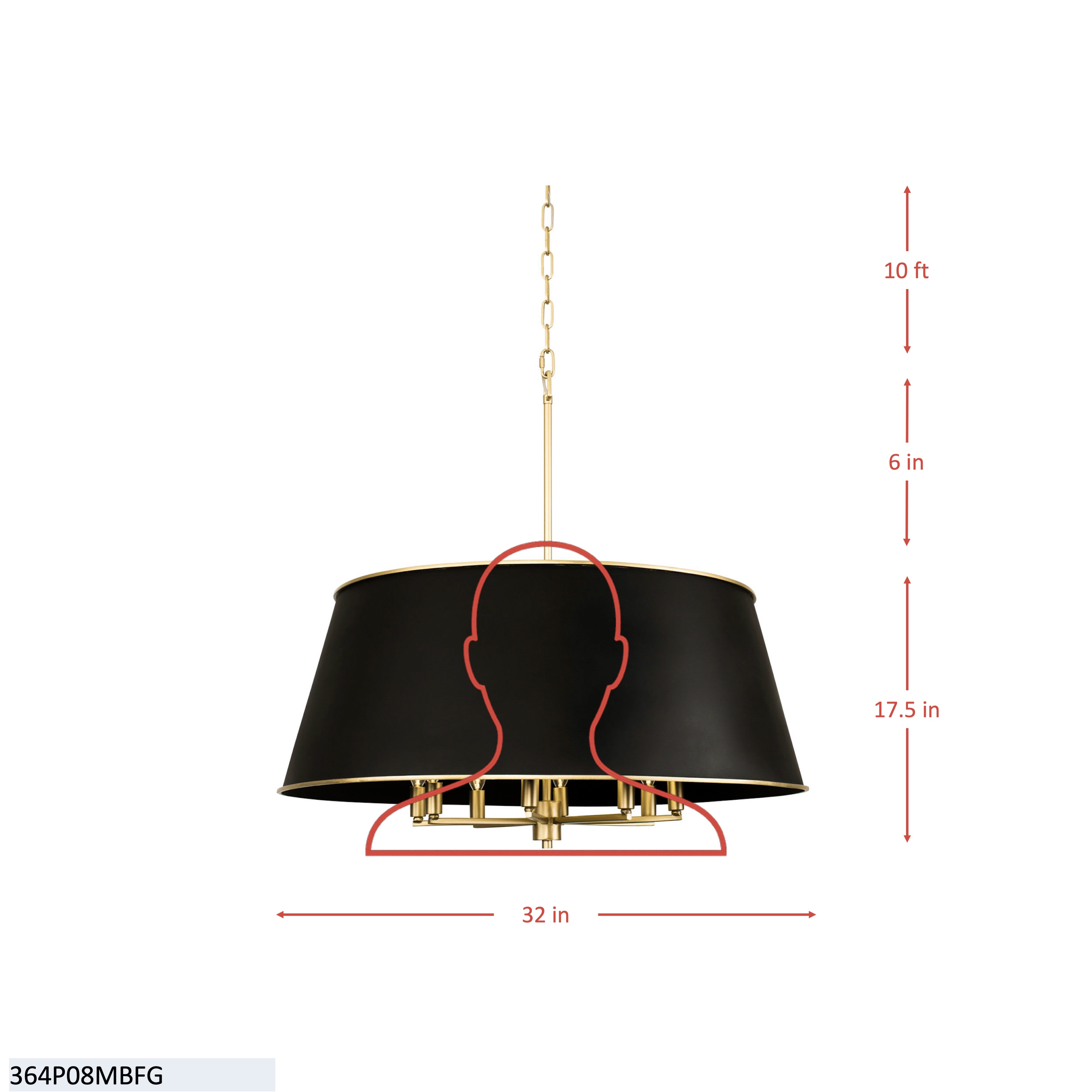 Coco 8 Light Pendant - Matte Black/French Gold dimensions