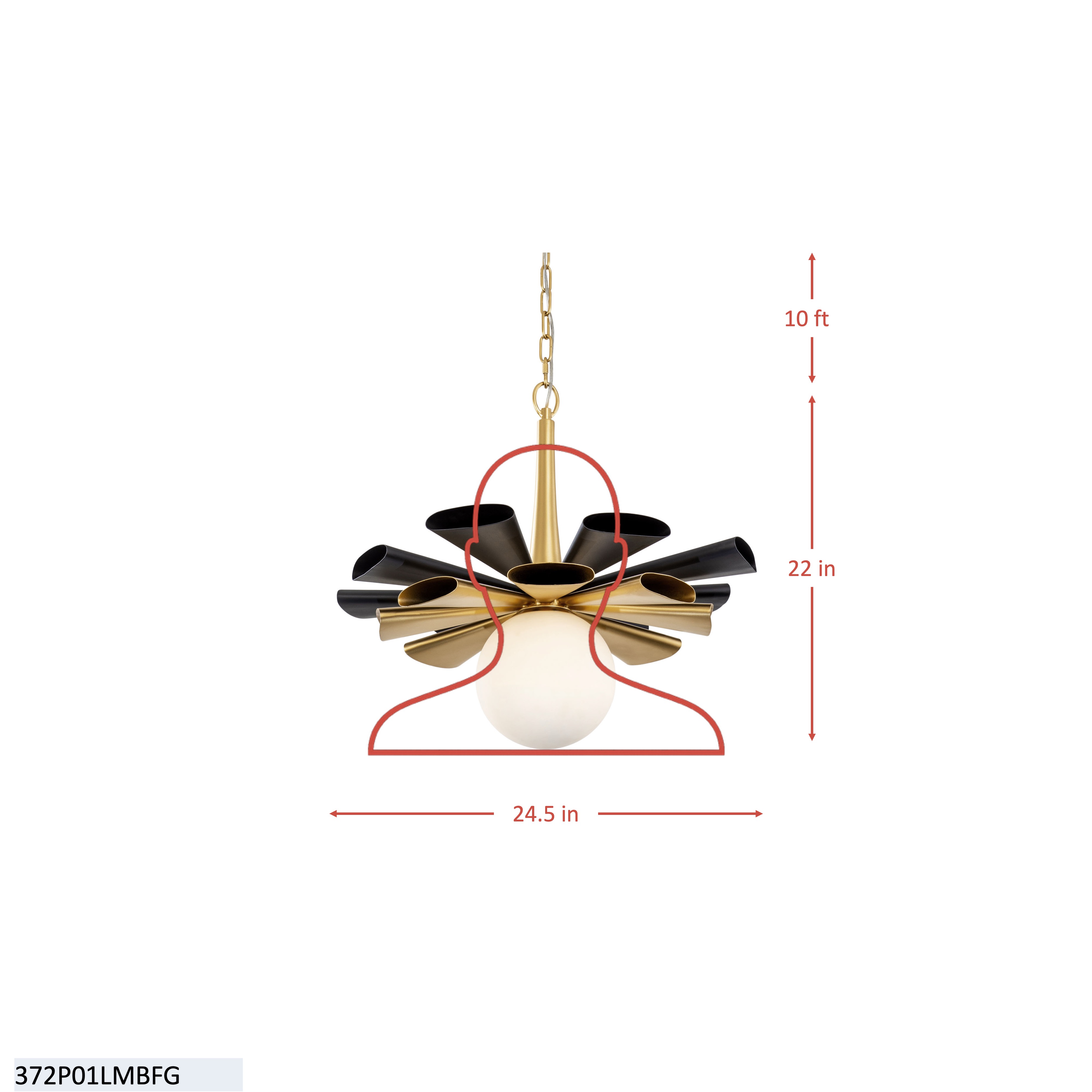Daphne 1 Light Large Pendant - Matte Black/French Gold dimensions