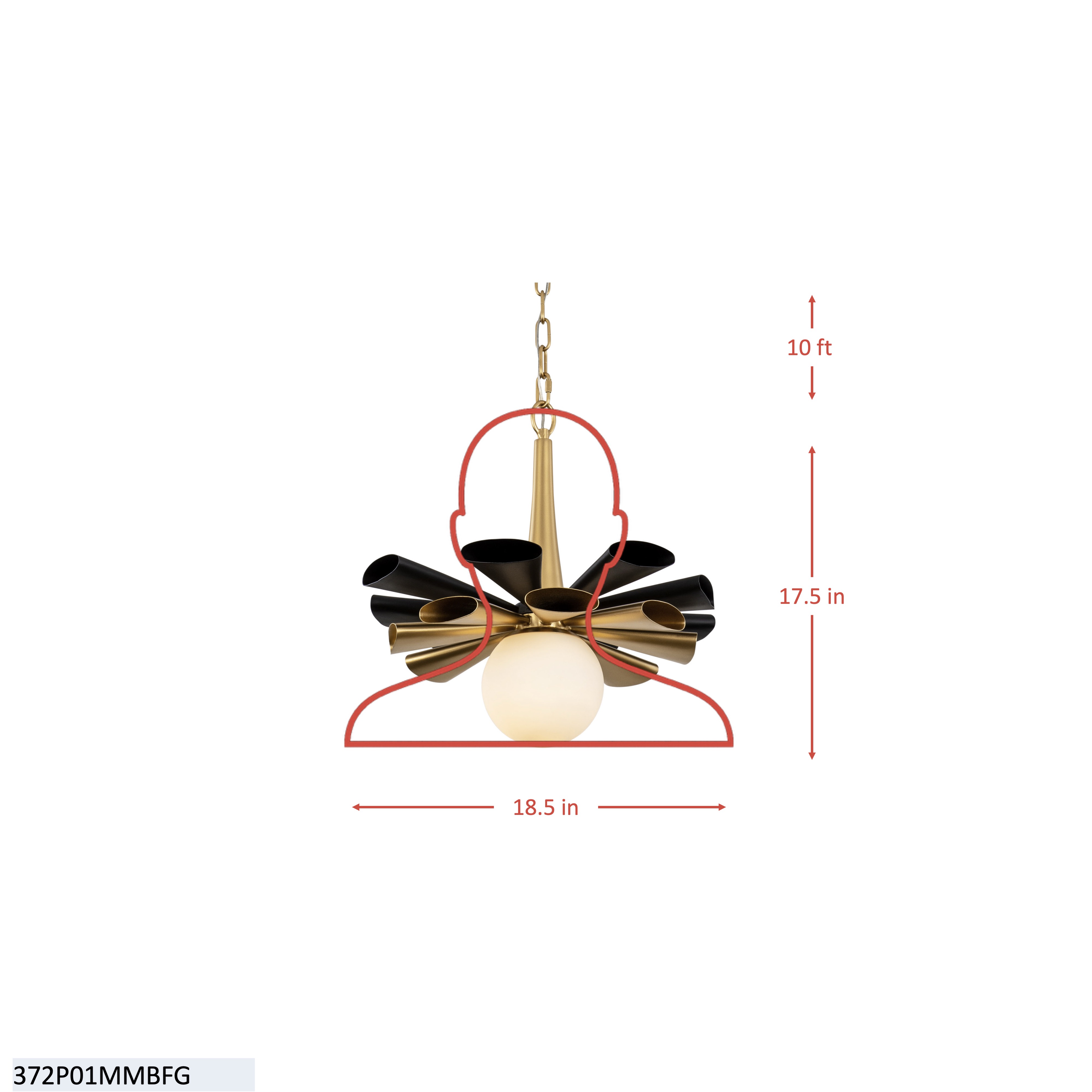 Daphne 1 Light Medium Pendant - Matte Black/French Gold dimensions