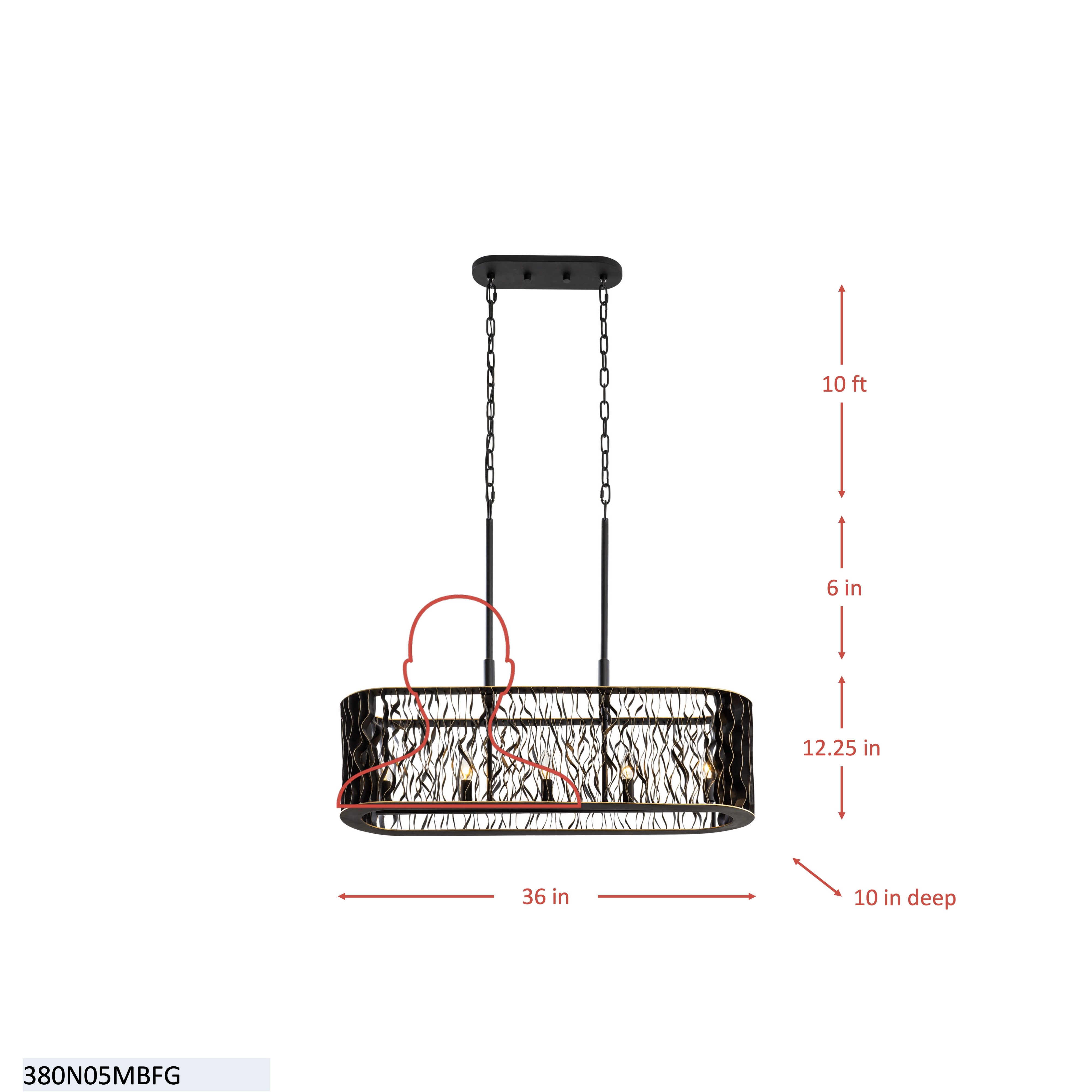 Estela 5 Light Linear Pendant - Matte Black/French Gold dimensions