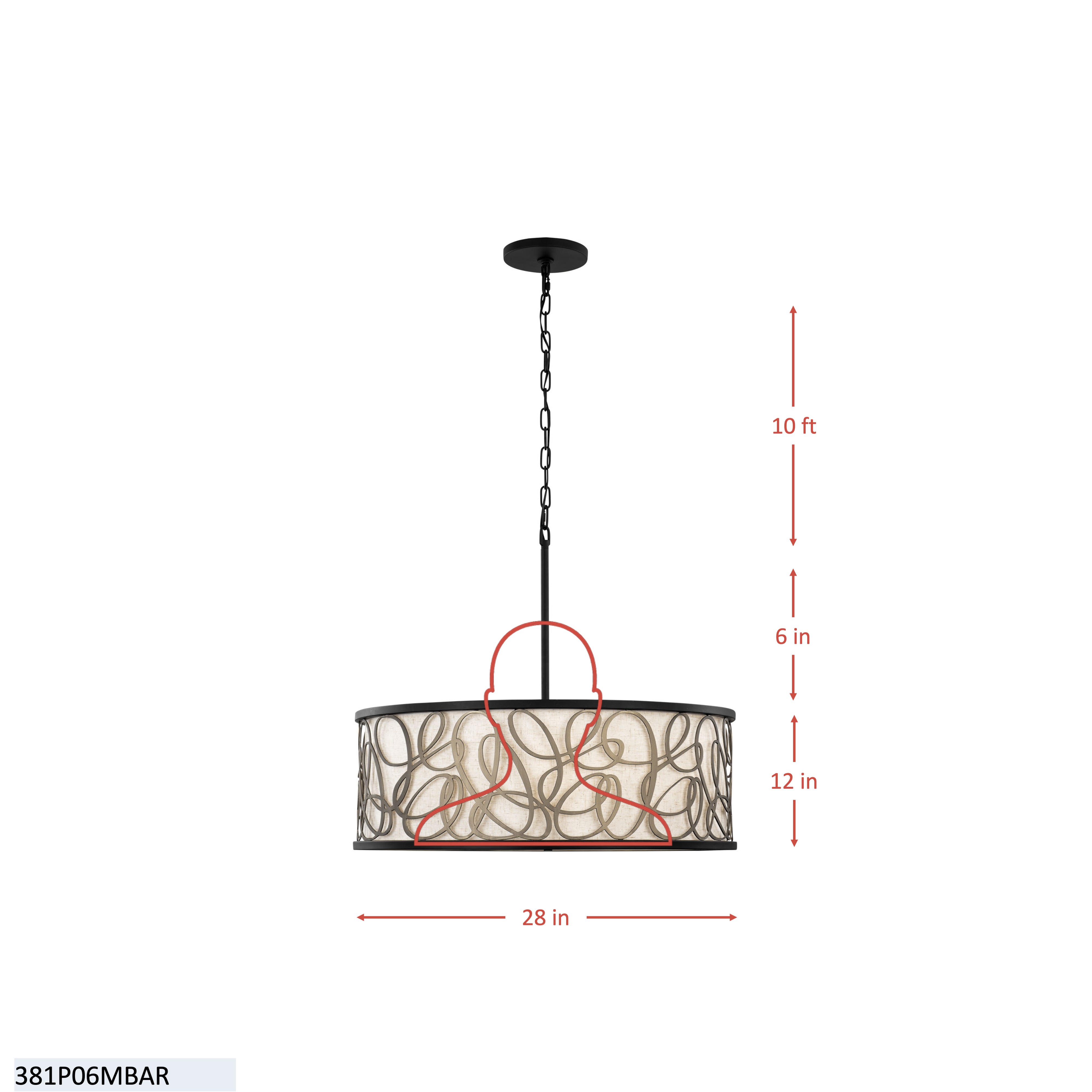 Scribble 6 Light Pendant - Matte Black/Artifact dimensions