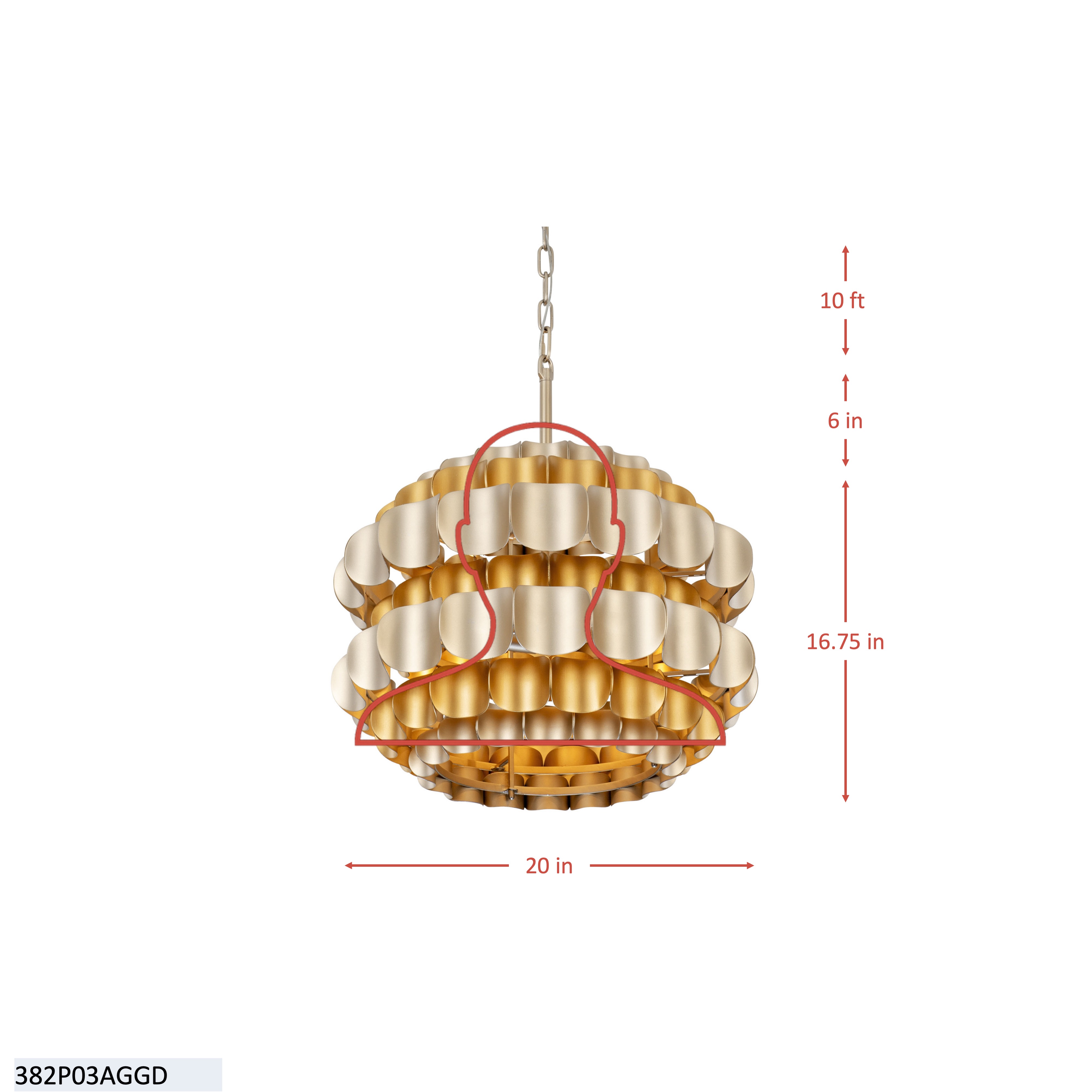 Swoon 3 Light Pendant - Antique Gold/Gold Dust dimensions