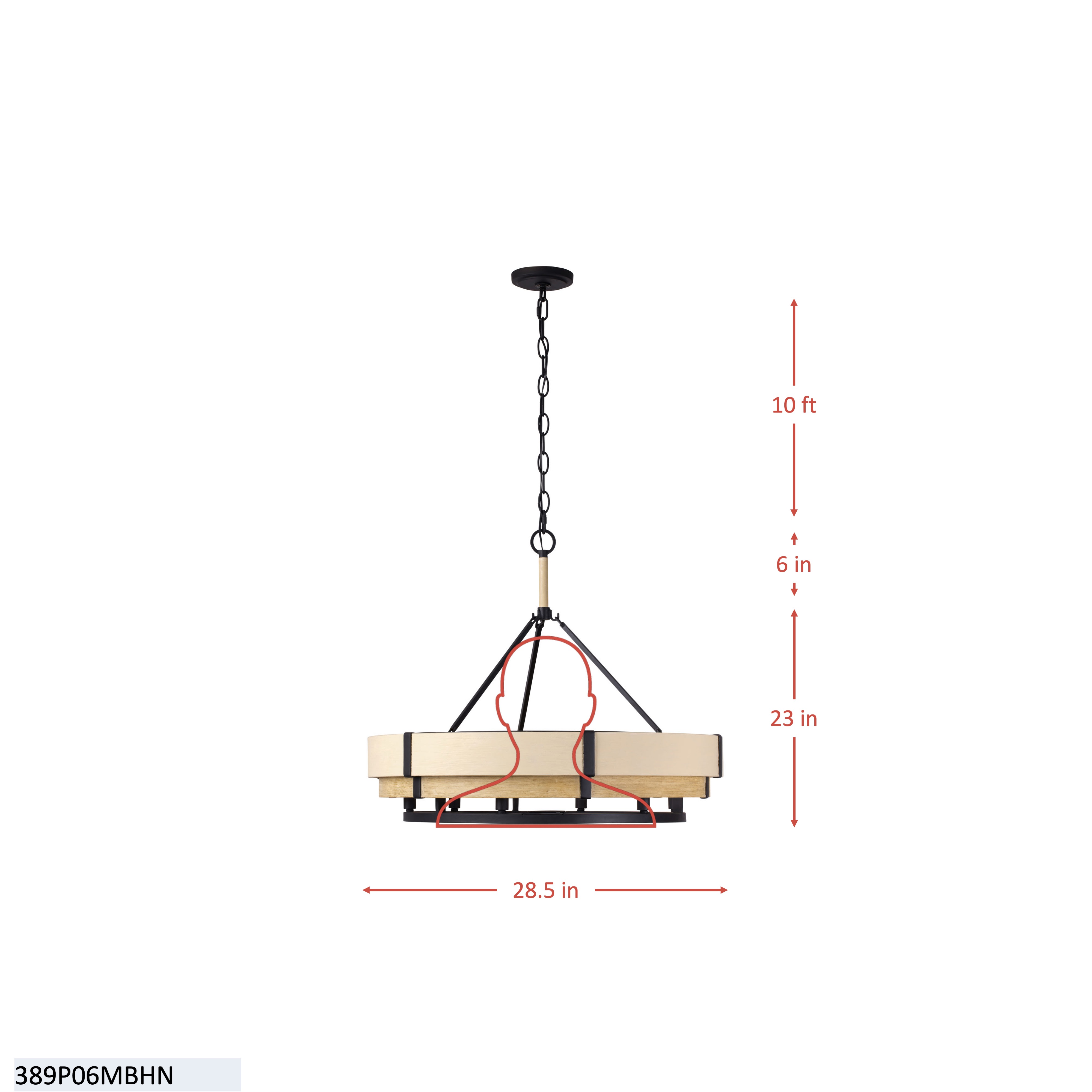 Blonde Moment 6 Light   Pendant - Matte Black/Honey/Medium Oak dimensions