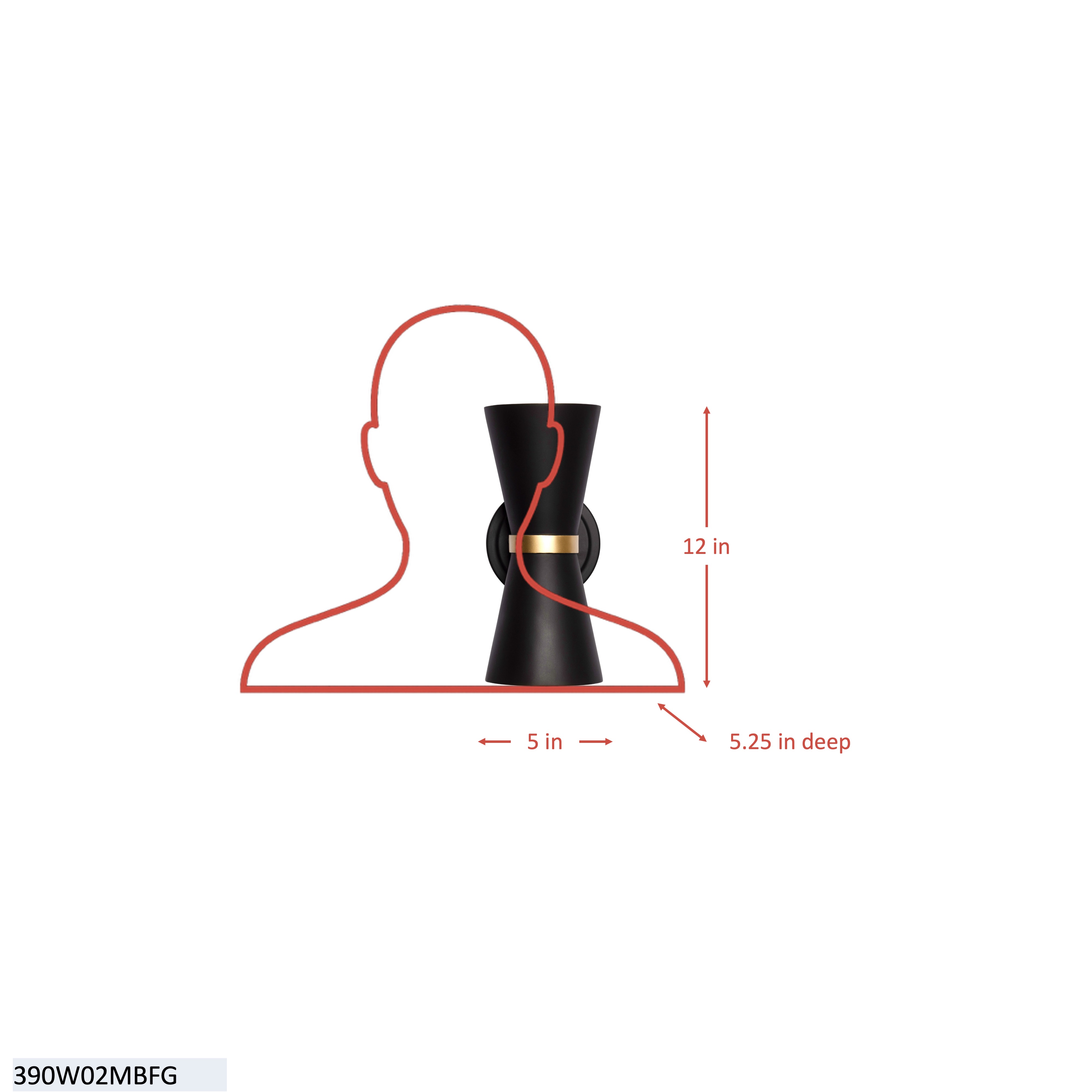 Mad Hatter 2 Light   Sconce - Matte Black/French Gold dimensions