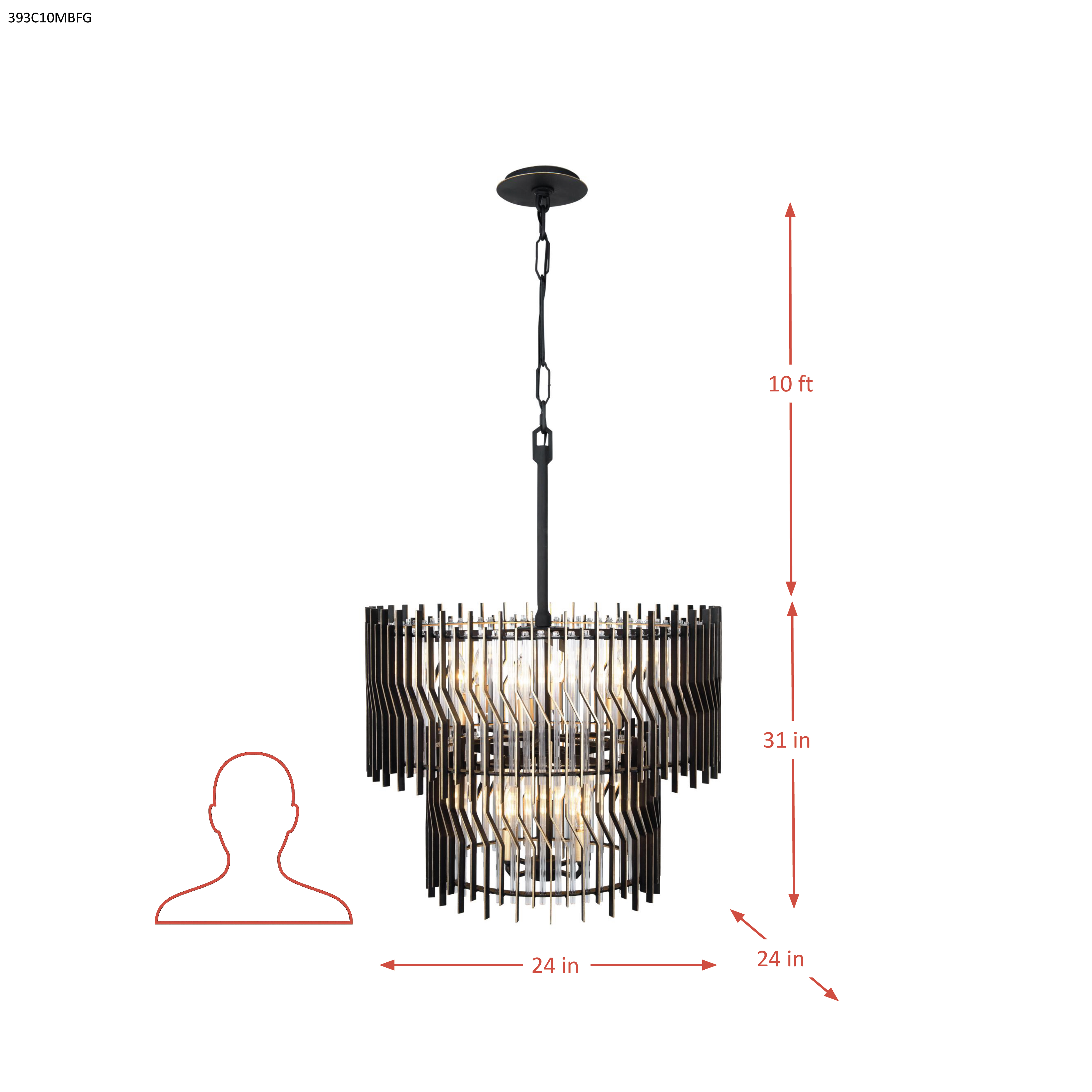 Park Row 10 Light 2-Tier Chandelier - Matte Black/French Gold dimensions