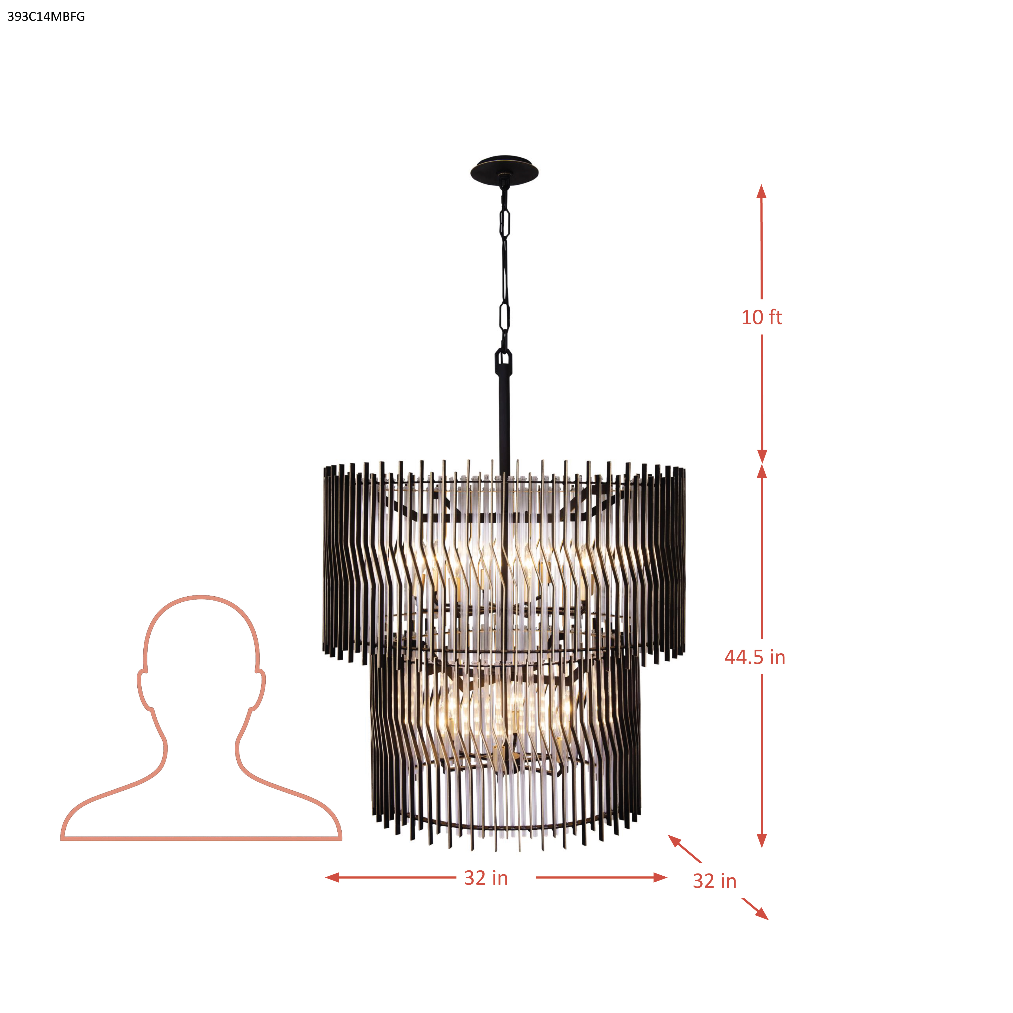 Park Row 14 Light 2-Tier Chandelier - Matte Black/French Gold dimensions