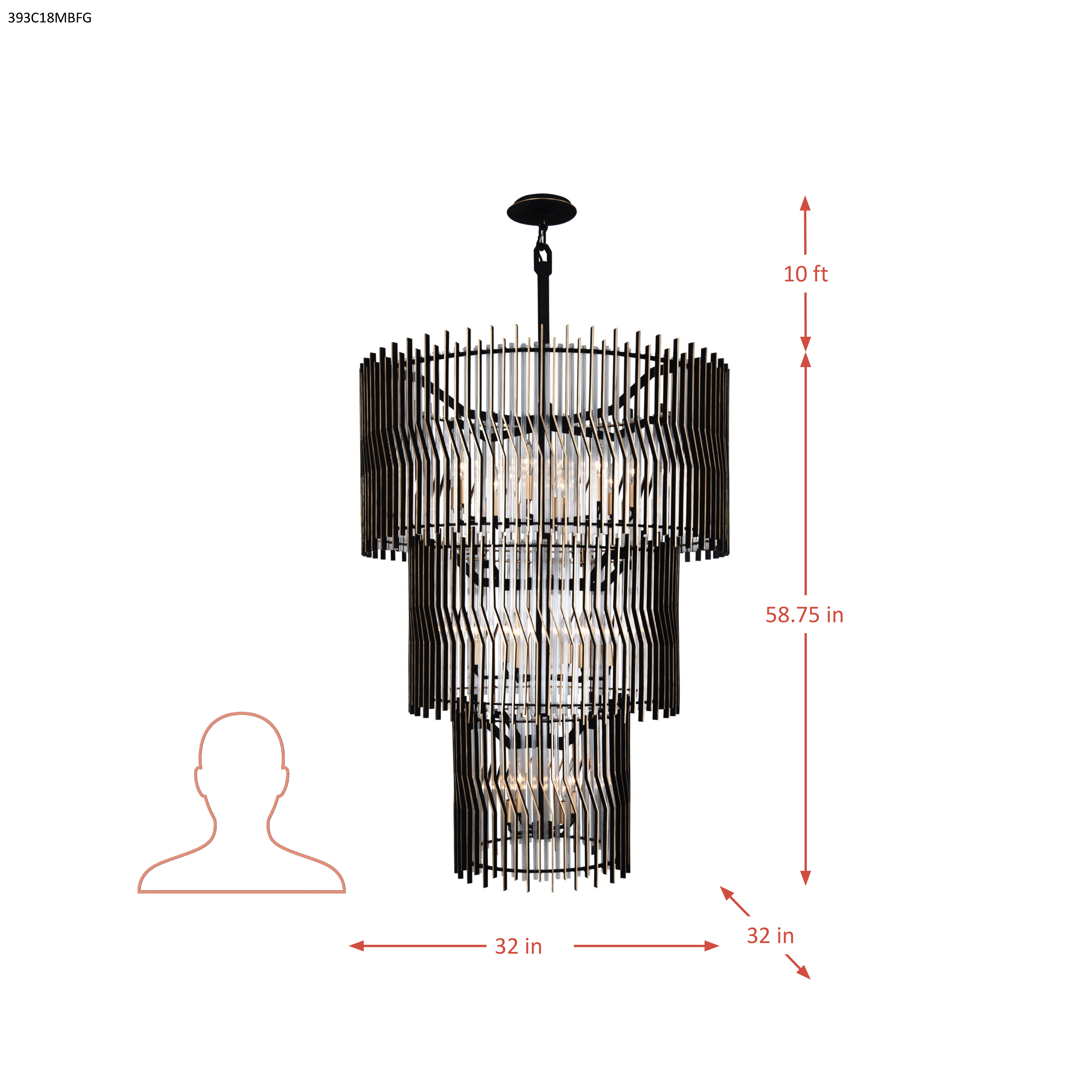 Park Row 18 Light 3-Tier Chandelier - Matte Black/French Gold dimensions