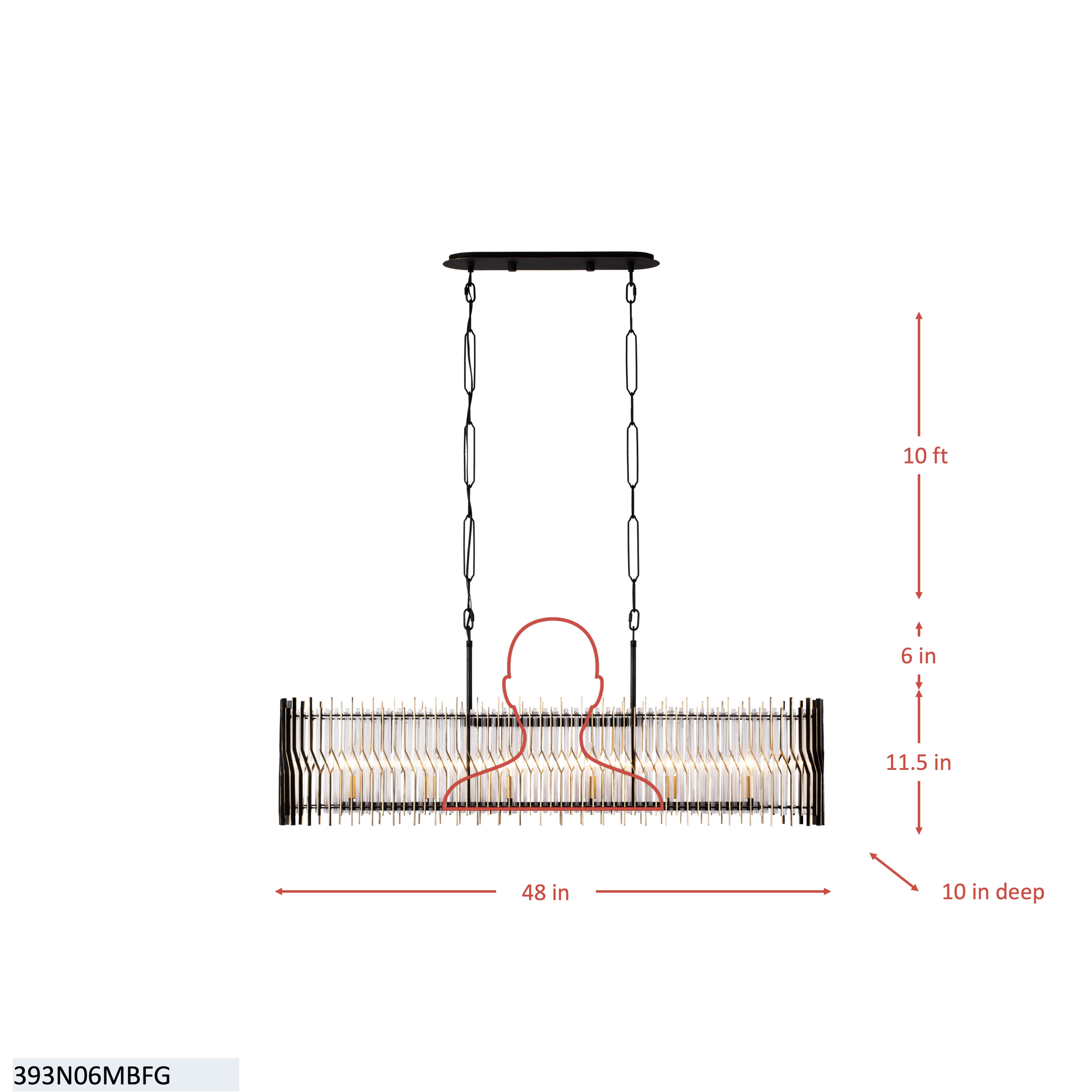 Park Row 6 Light   Linear Pendant - Matte Black/French Gold dimensions