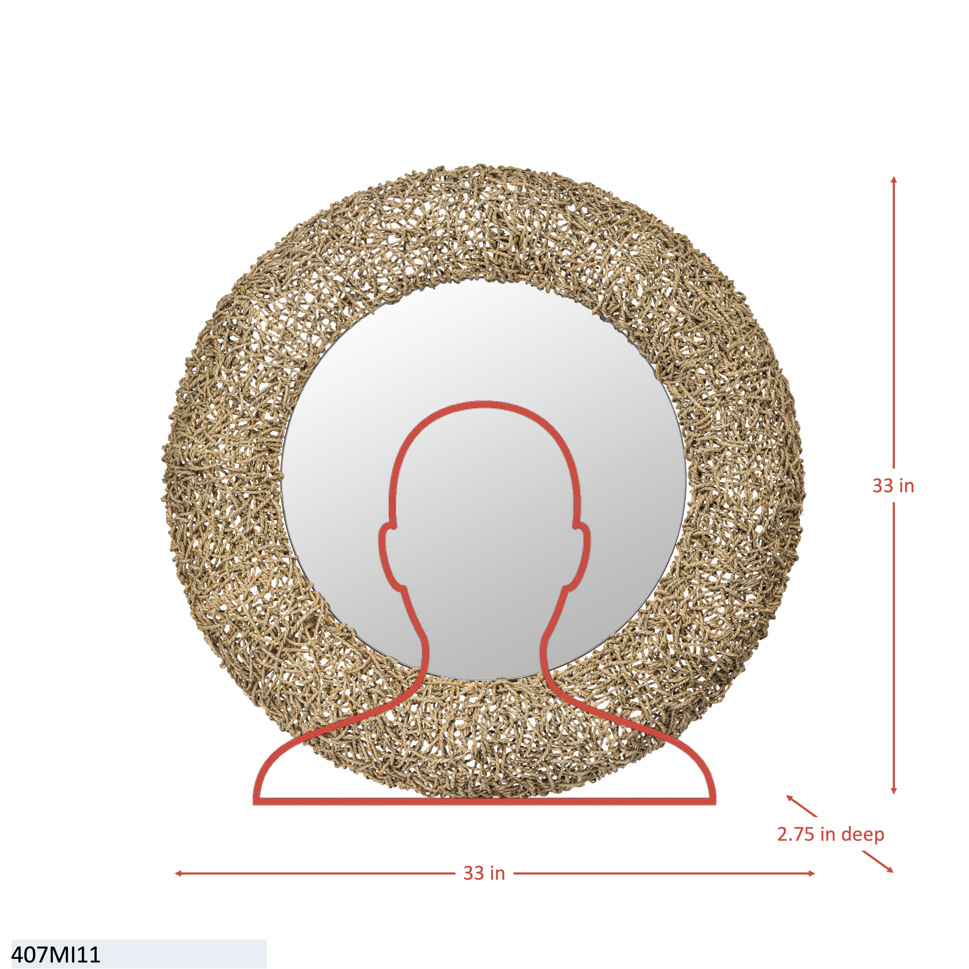 Tangled 33-in Wall Mirror - Natural Rope dimensions