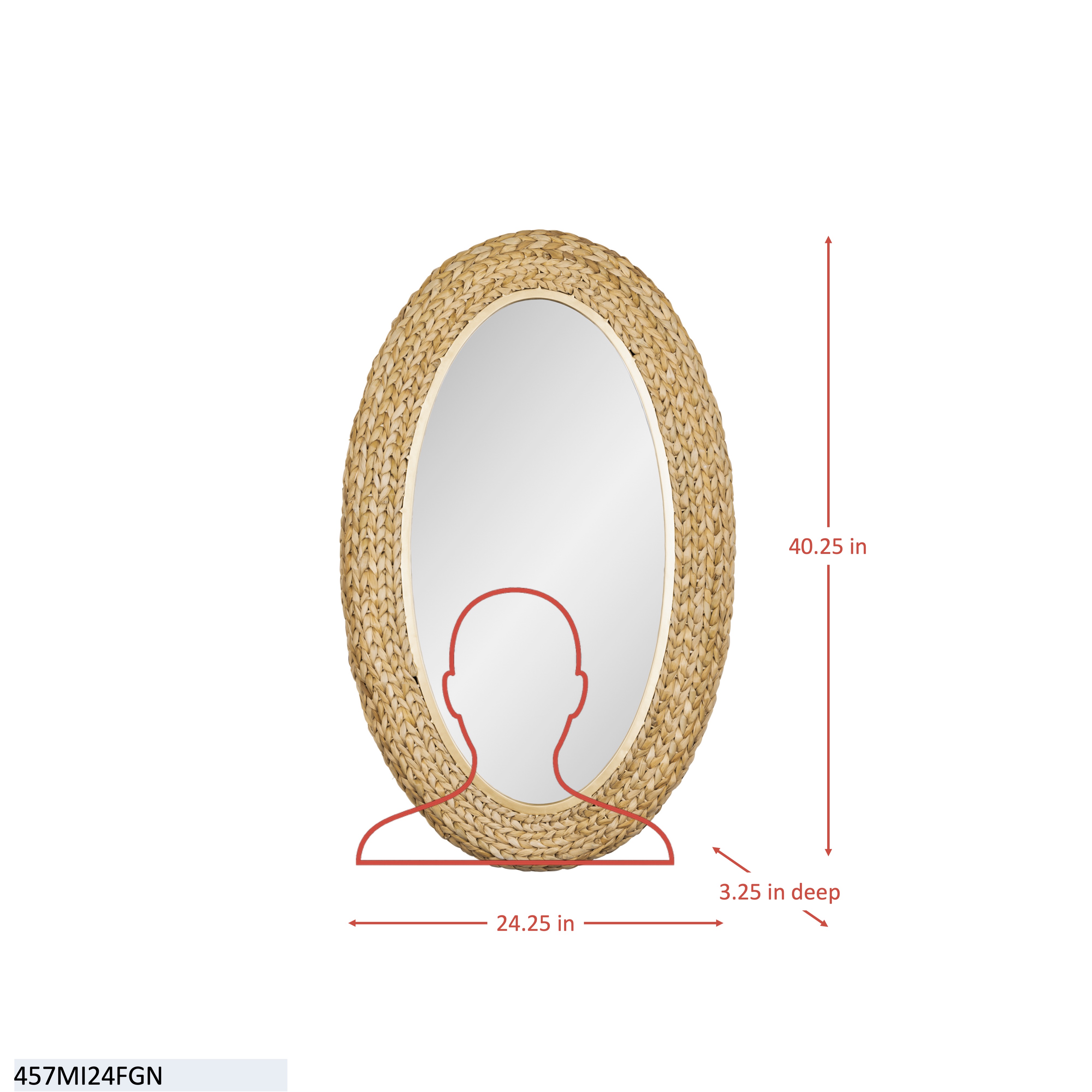 Athena 24x40 Oval Wall Mirror - French Gold/Natural Seagrass dimensions