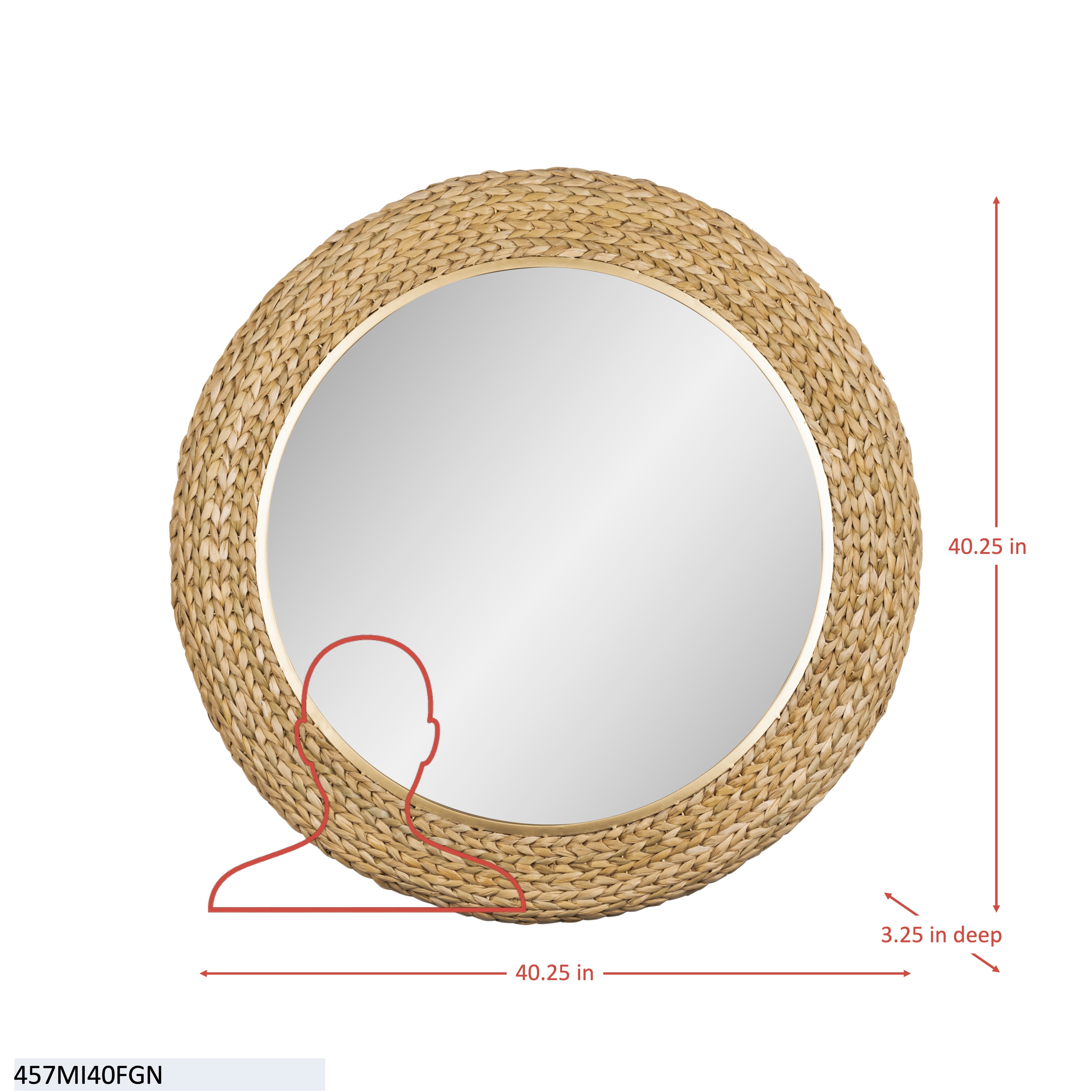 Athena 40-in Round Wall Mirror - French Gold/Natural Seagrass dimensions