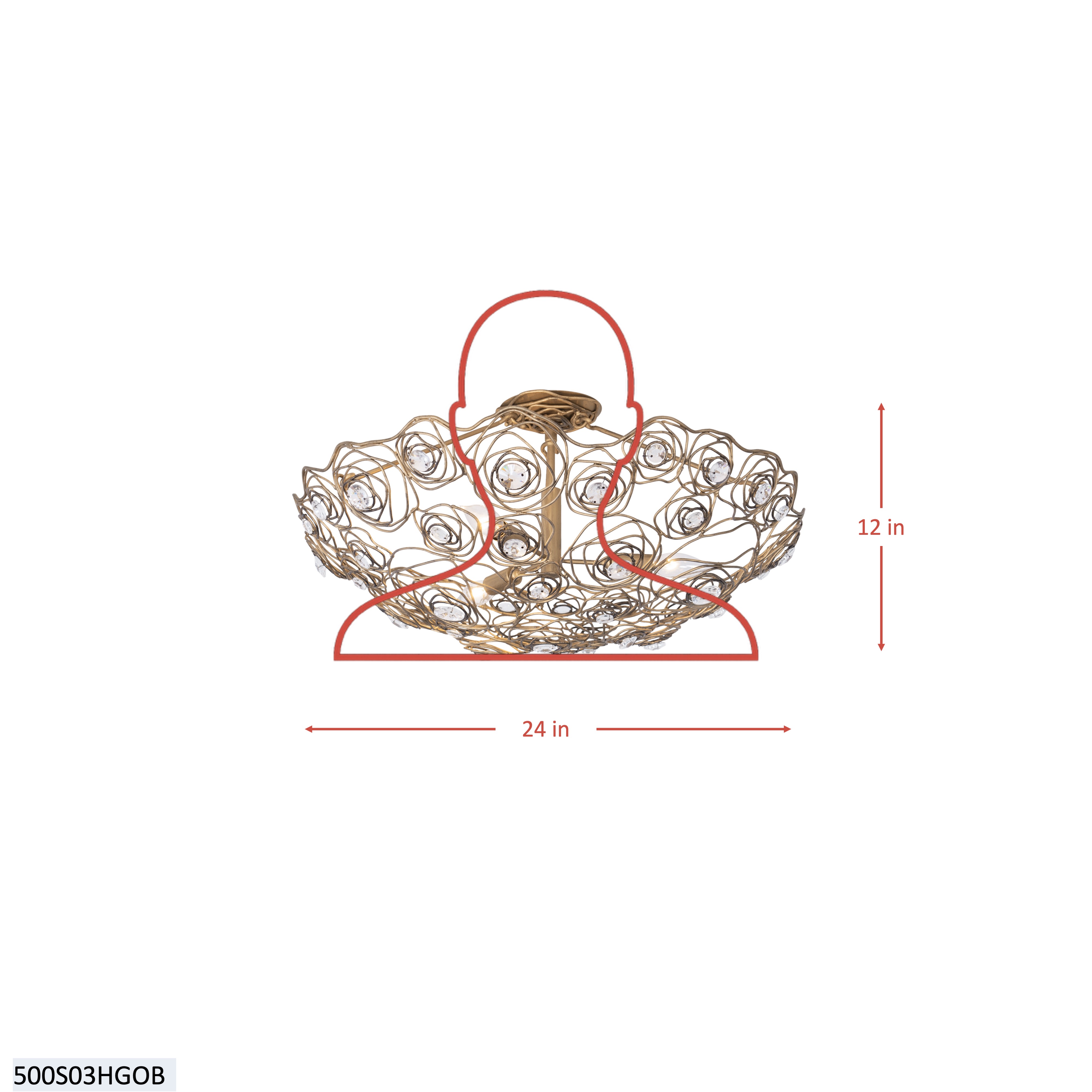 Ethereal Rose 3 Light Inverted Semi-Flush - Havana Gold Ombre dimensions
