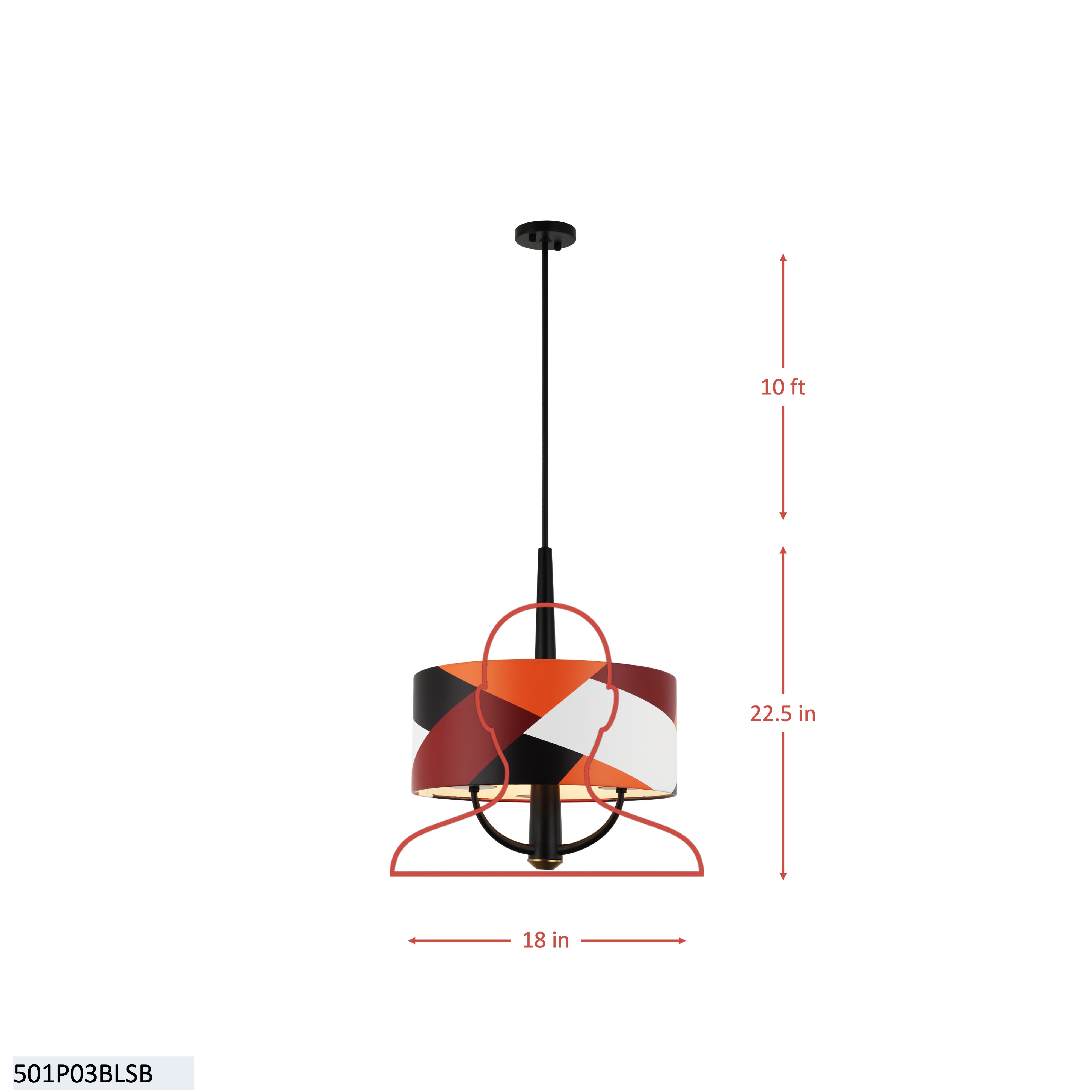 Patchwork 3 Light Pendant - Black/Satin Brass/Patchwork dimensions