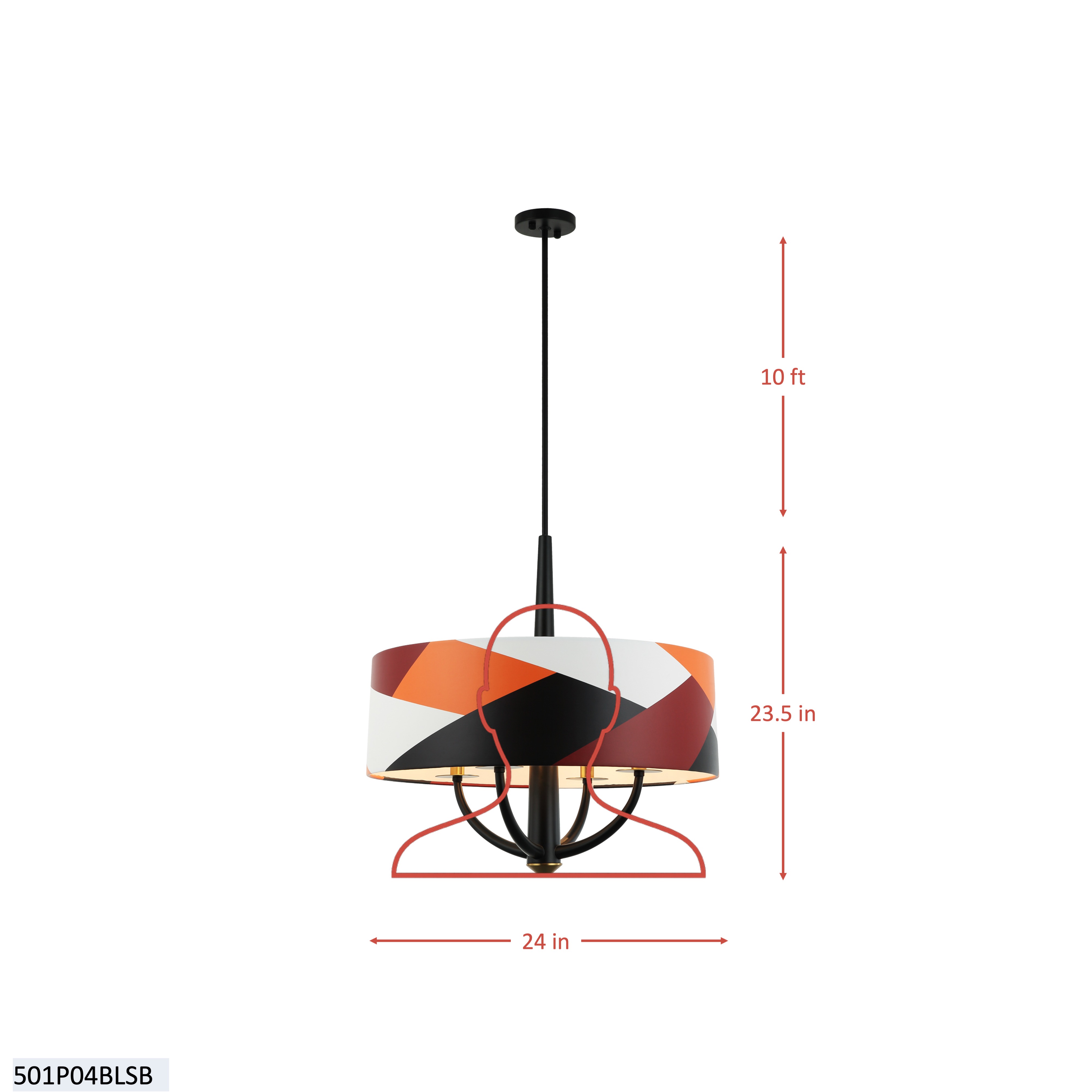 Patchwork 4 Light Pendant - Black/Satin Brass/Patchwork dimensions