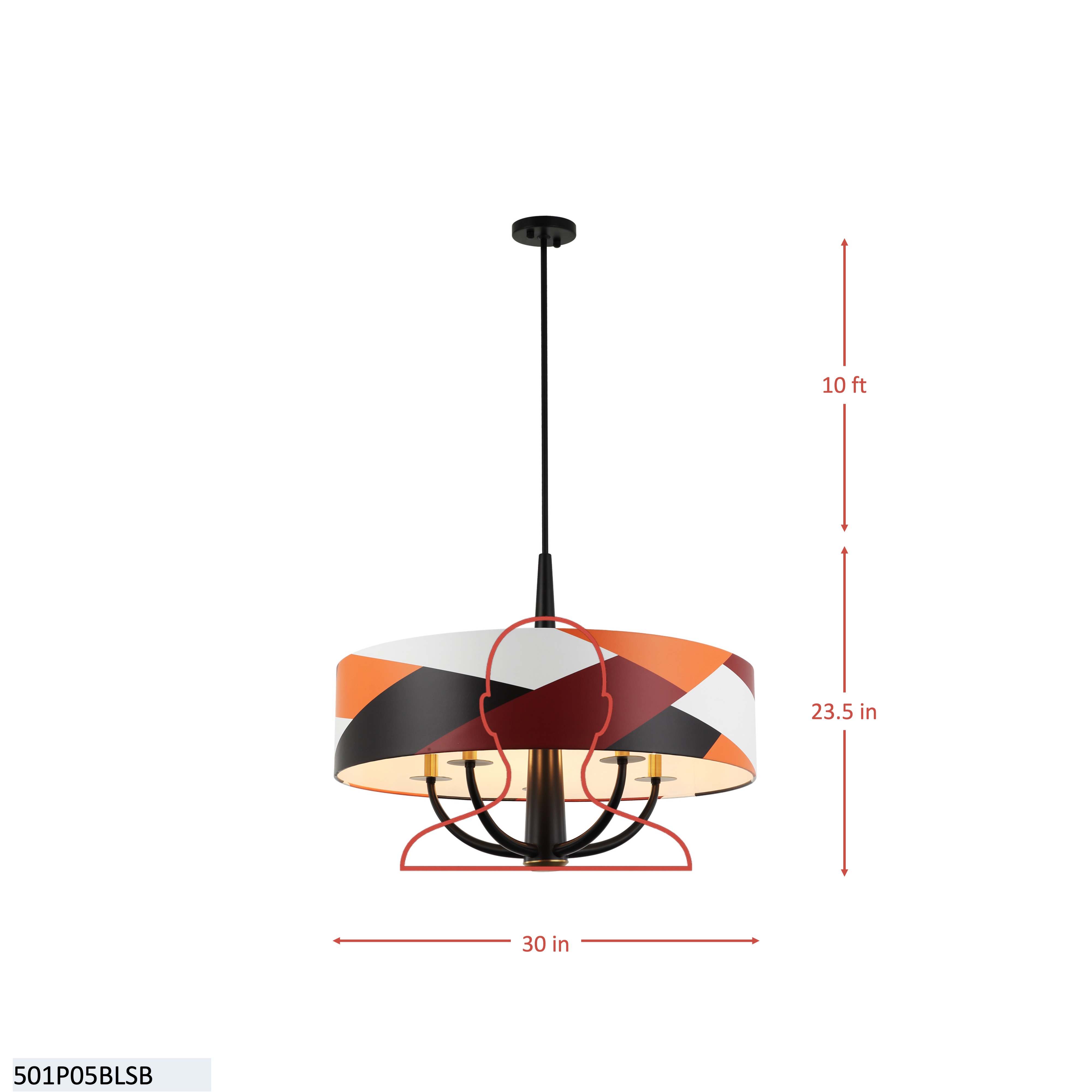 Patchwork 5 Light Pendant - Black/Satin Brass/Patchwork dimensions