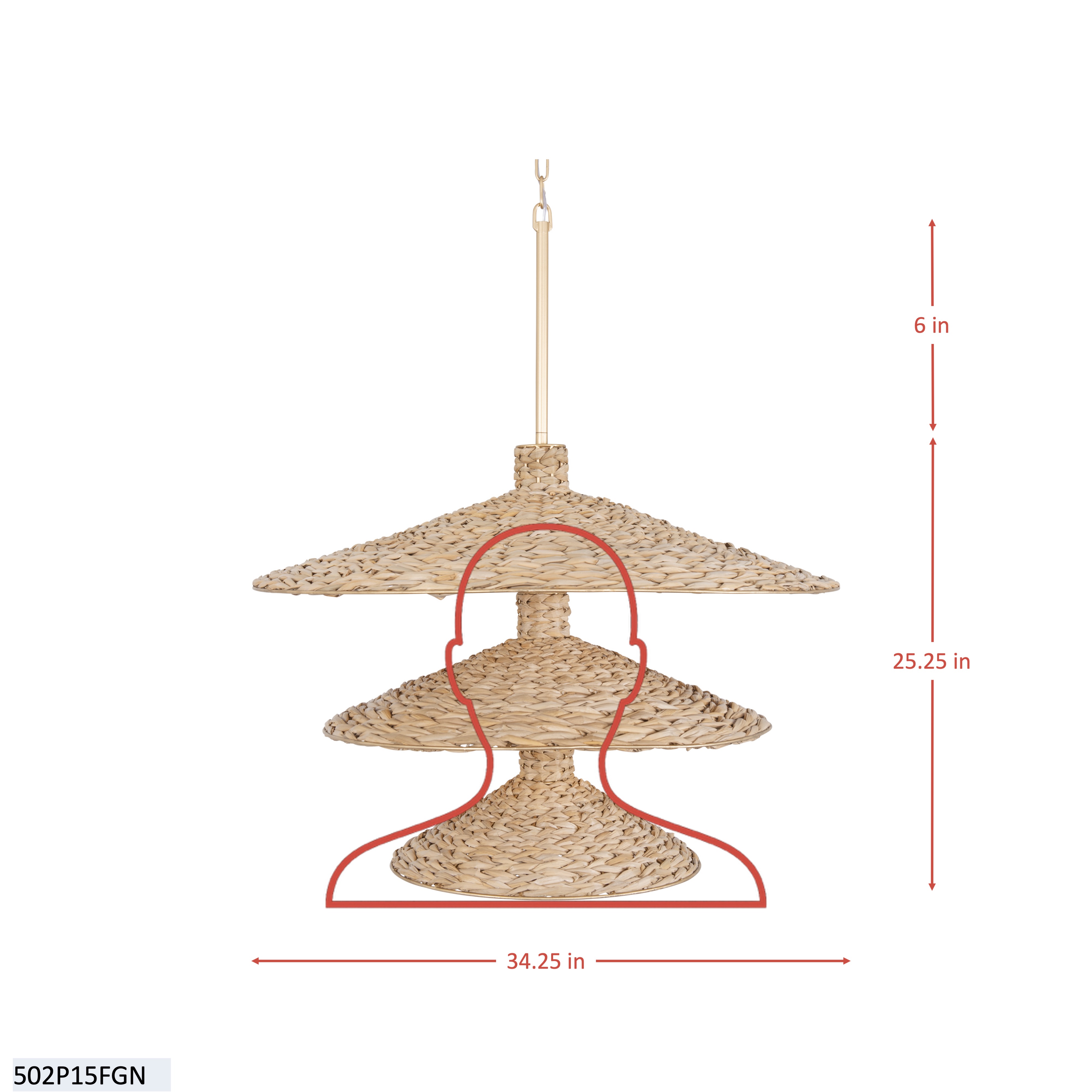 Hilton Head 15 Light 3-Tier Pendant - French Gold/Natural Seagrass dimensions