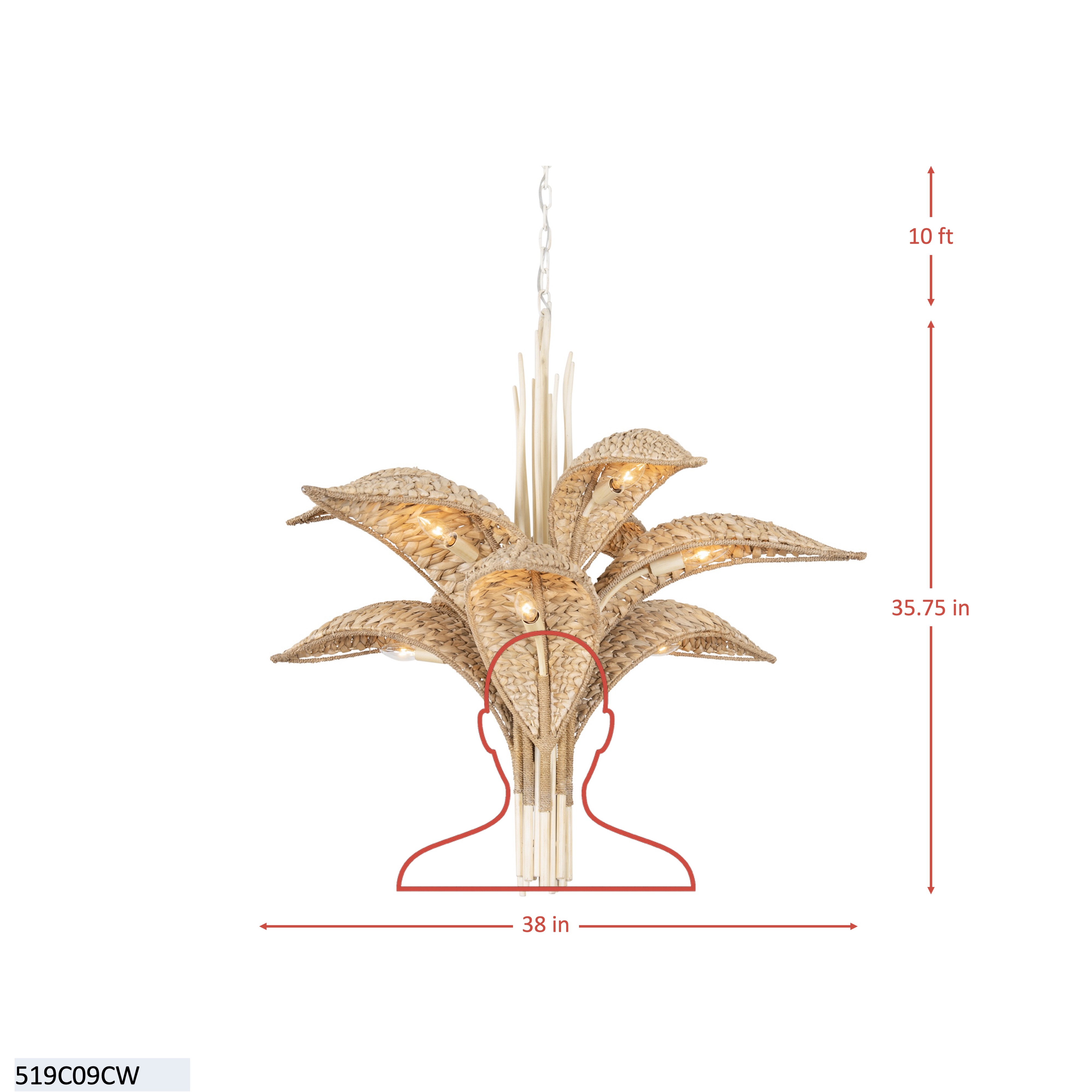Century Palm 9 Light 3-Tier Chandelier - Country White dimensions