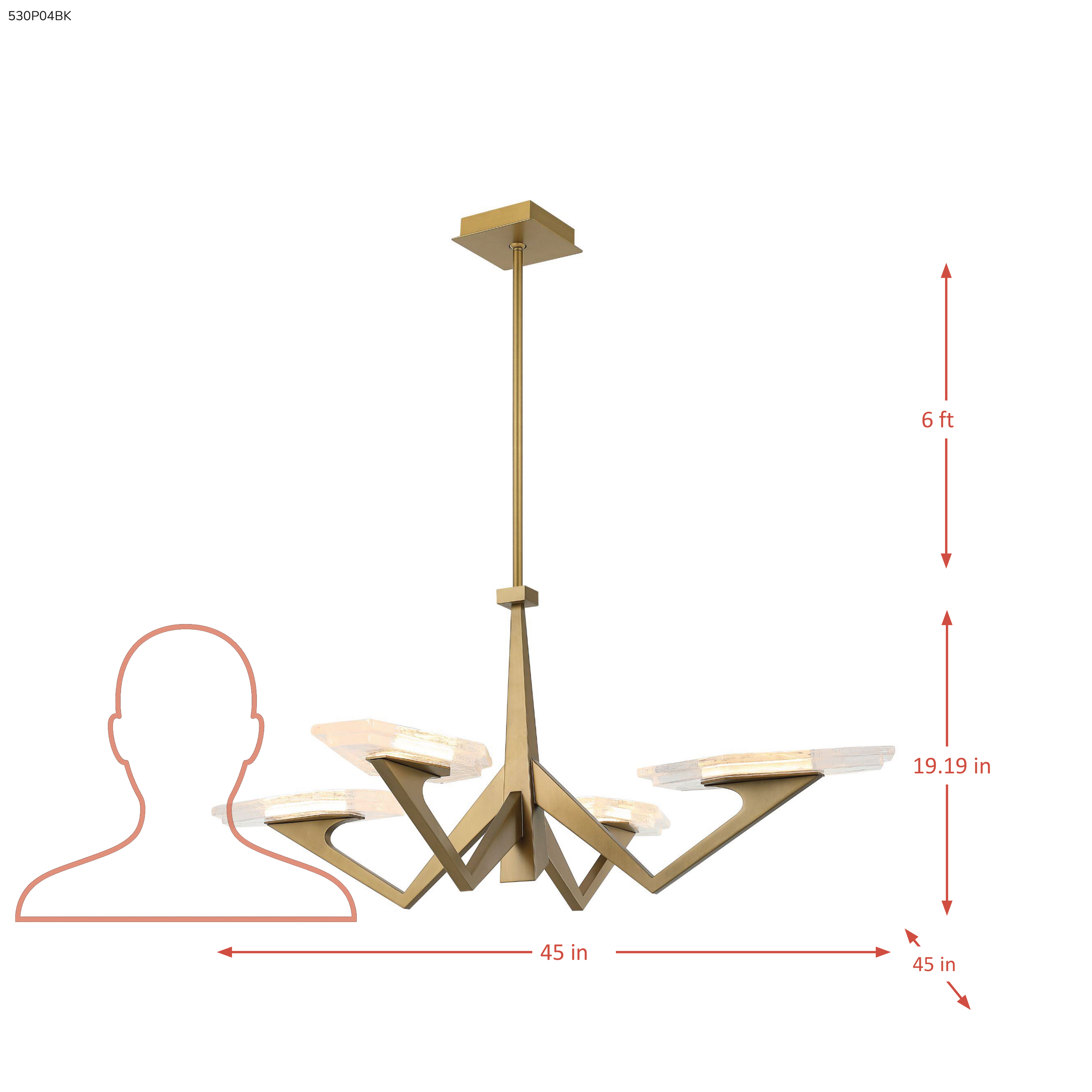 Down the Wrong Path 4 Light Pendant - Brass Kisser dimensions