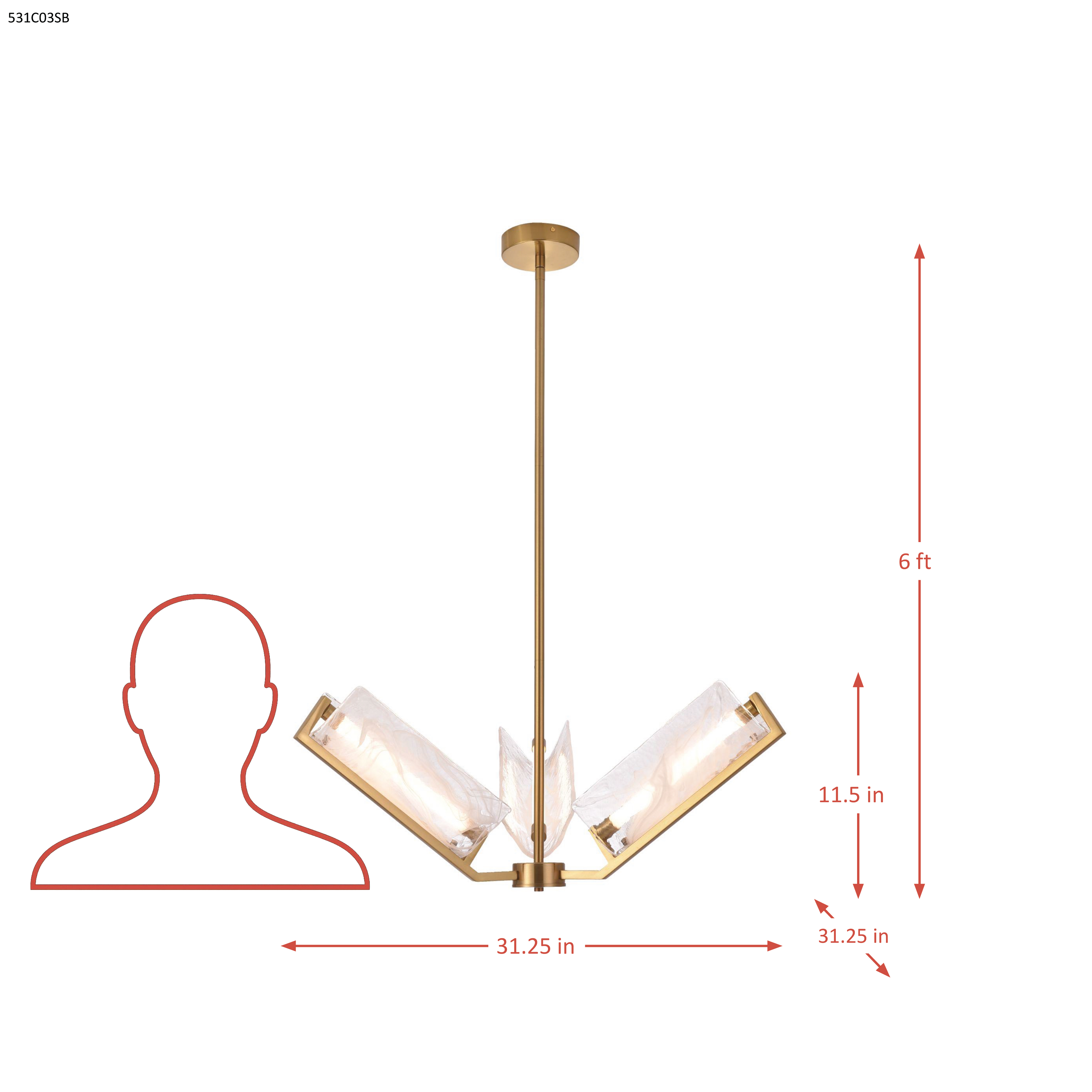 Mingle 3 Light Chandelier - Satin Brass dimensions