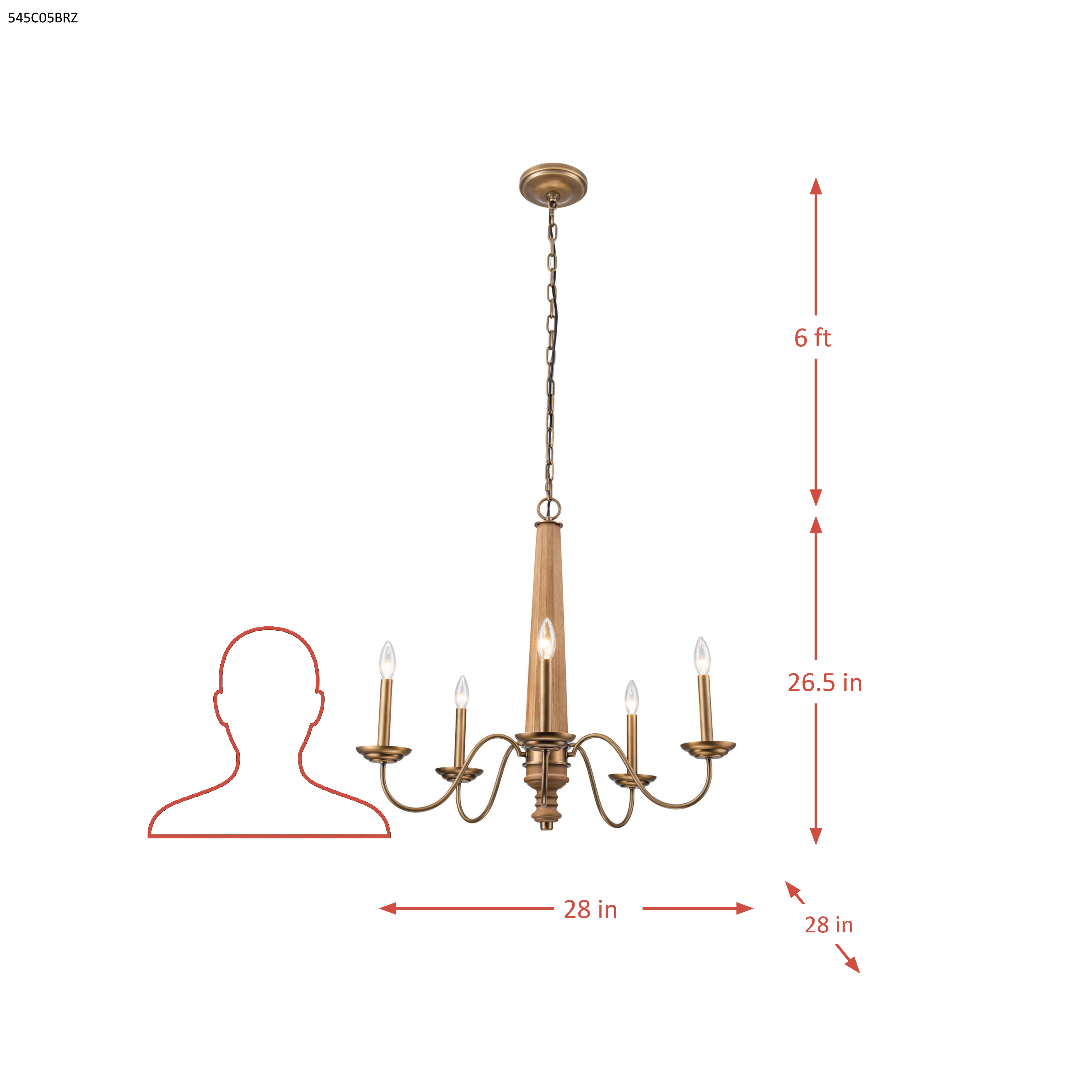 Dinner at 5 Light Chandelier - Heritage Bronze dimensions