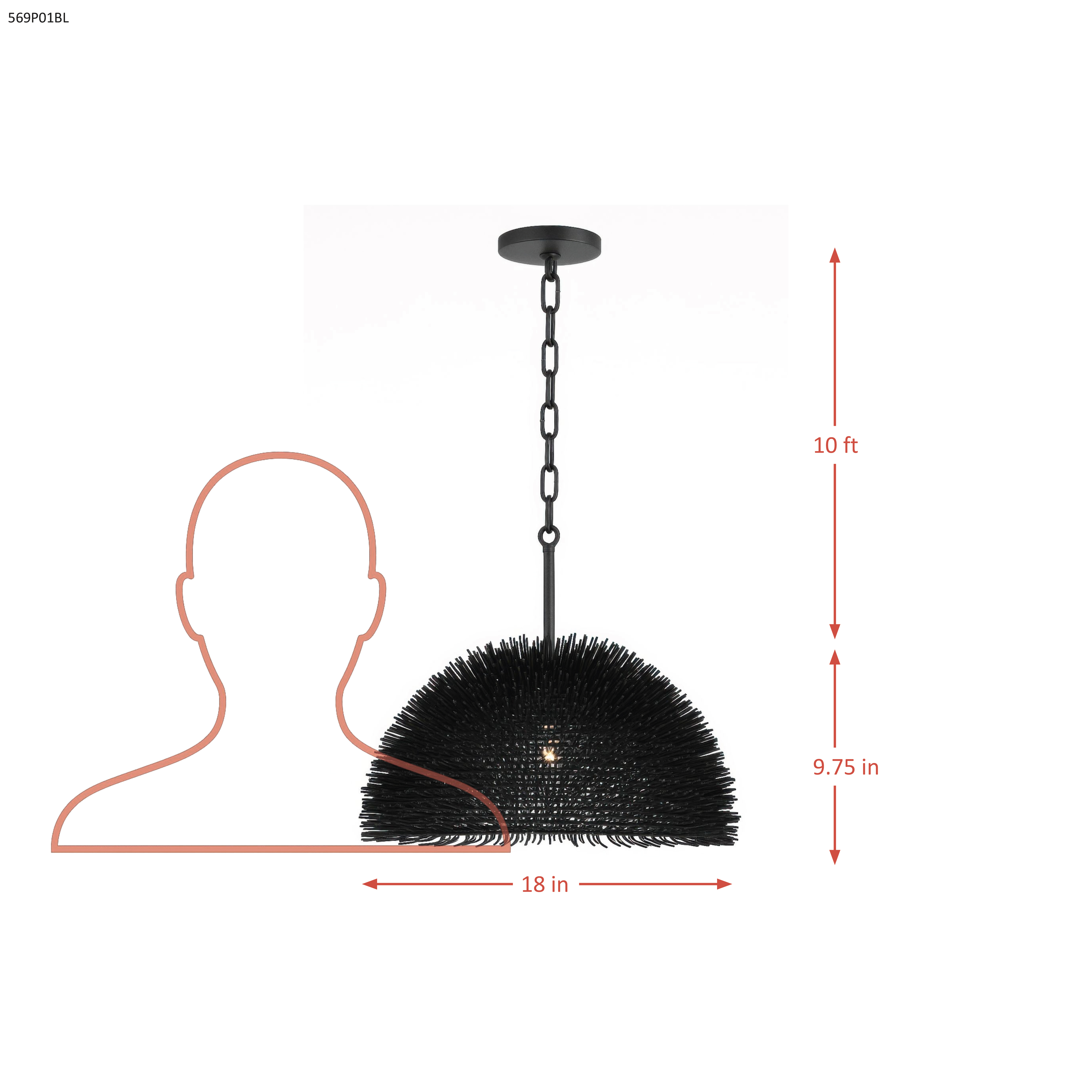 Urchin 1 Light Dome Pendant - Black dimensions