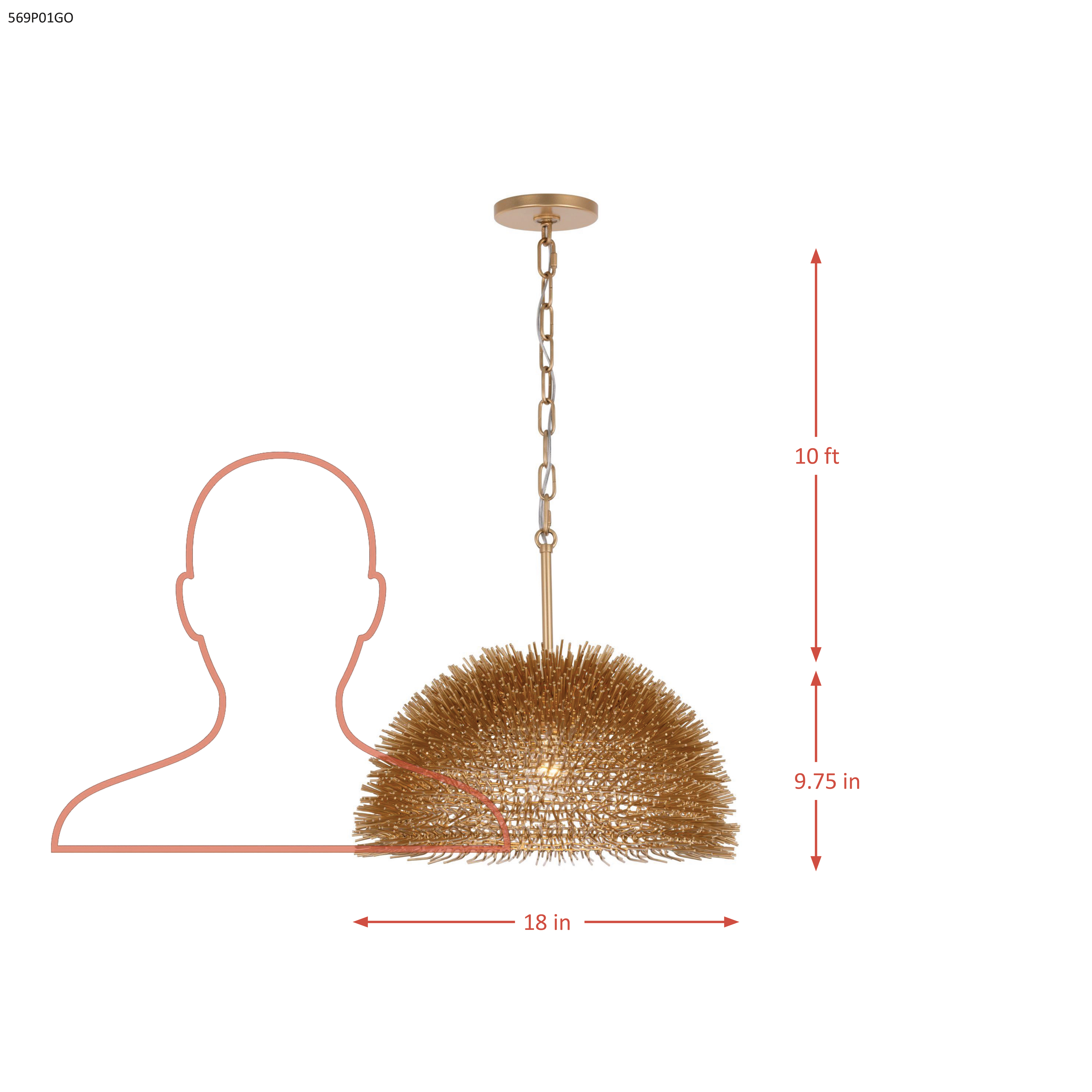 Urchin 1 Light Dome Pendant - Gold dimensions